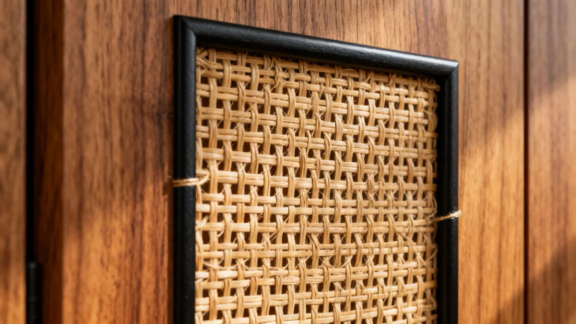 Macro of cane weave set in oak veneer with a slim matte-black frame.