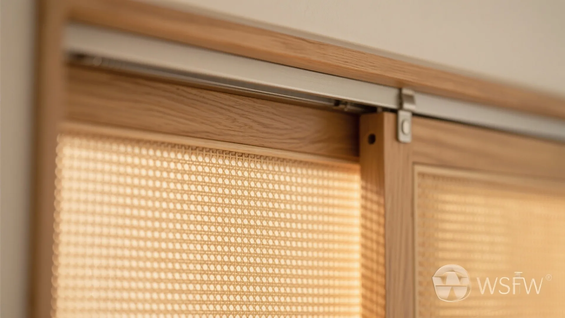 Close up of a wooden sliding door with woven mesh texture on a metal track