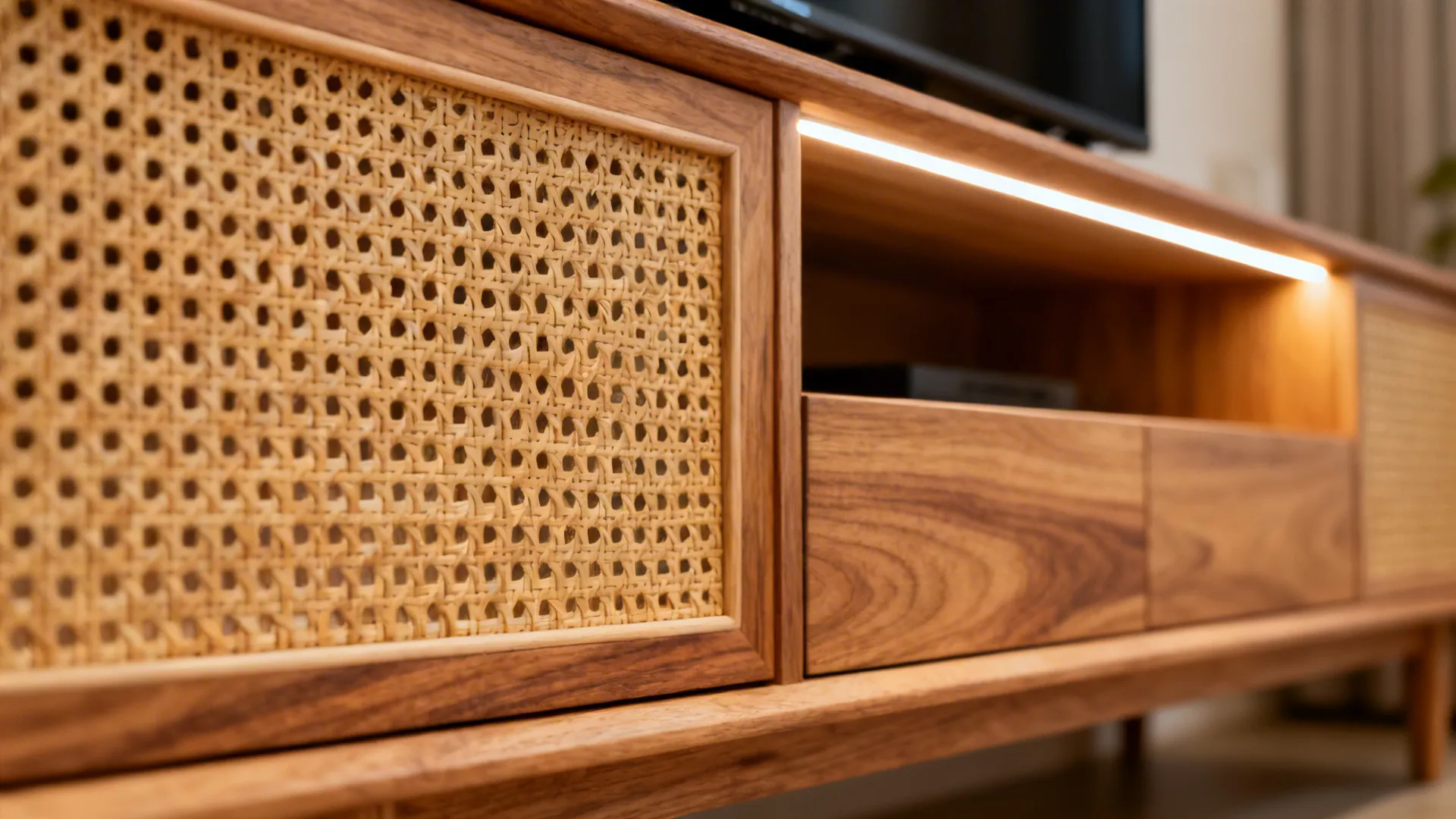 Close-up of a cane-insert panel with warm wood veneer and soft under-cabinet lighting glow.