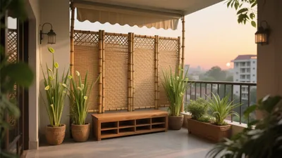 Boho Balcony Oasis with Bamboo Screen & Greenery