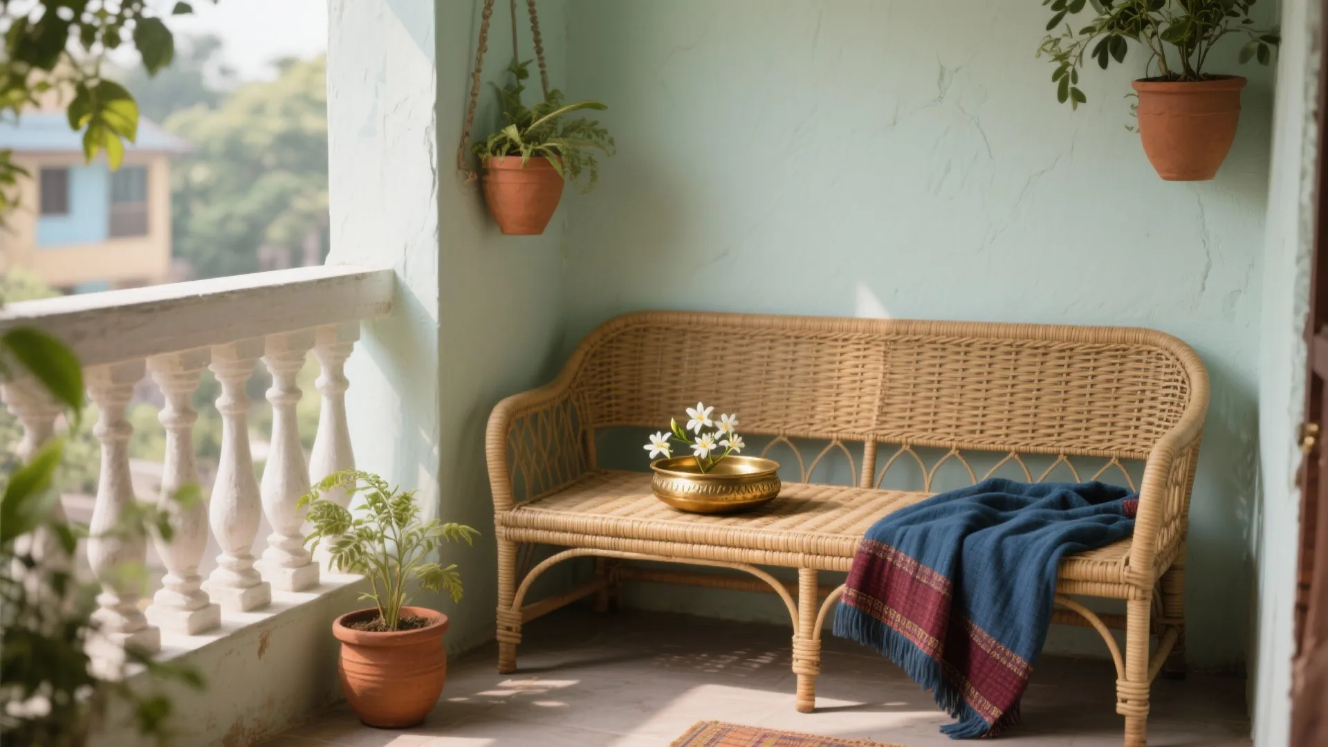 Slim cane bench with brass urli and indigo handloom textile on a Kerala balcony.