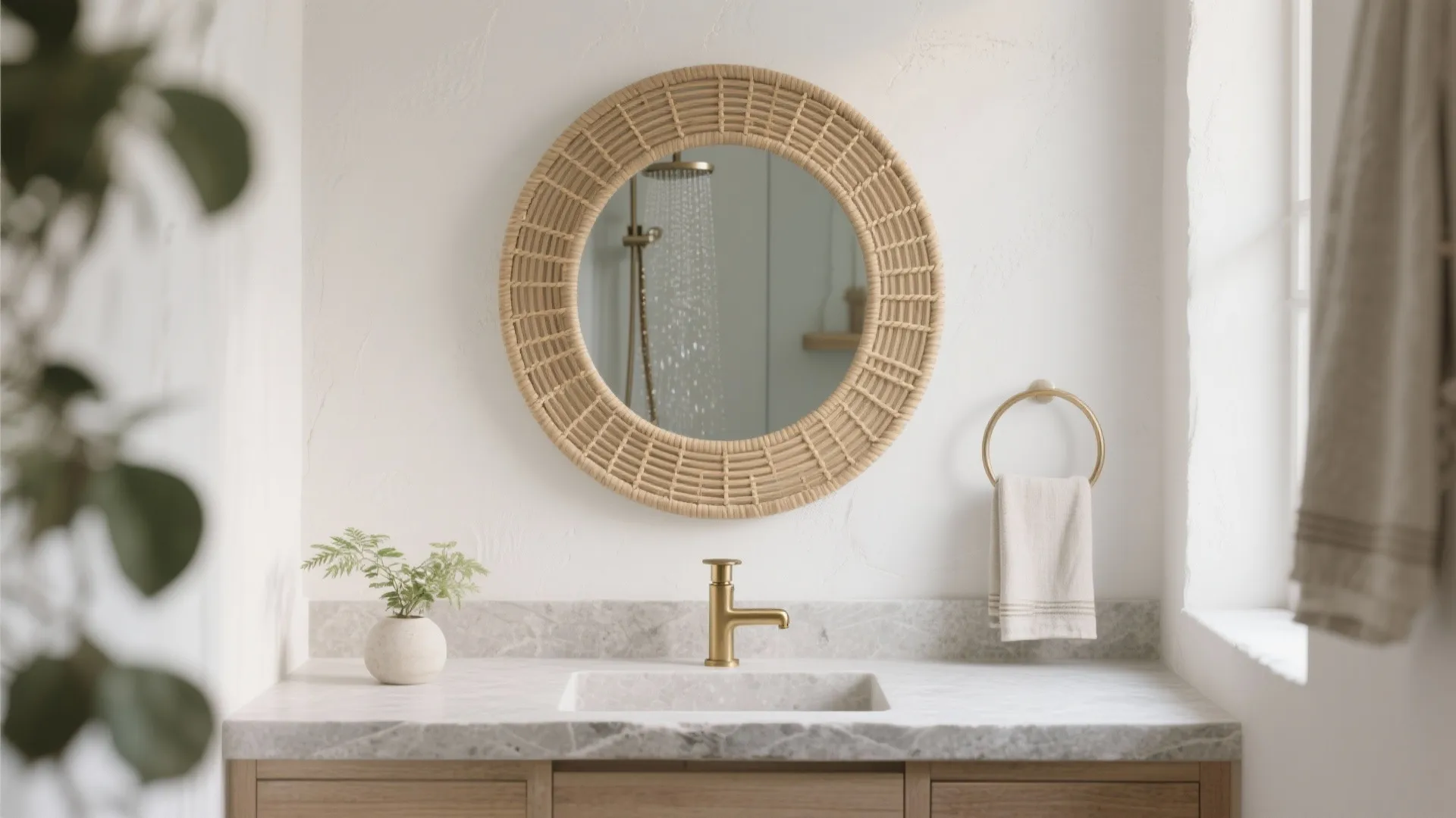 3) Cane-Wrapped Round Mirror for Texture