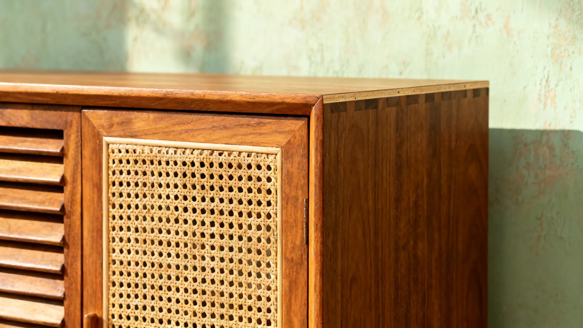 Macro of rubberwood frame with cane insert and limewashed wall showing breathable, Kerala-inspired finishes.