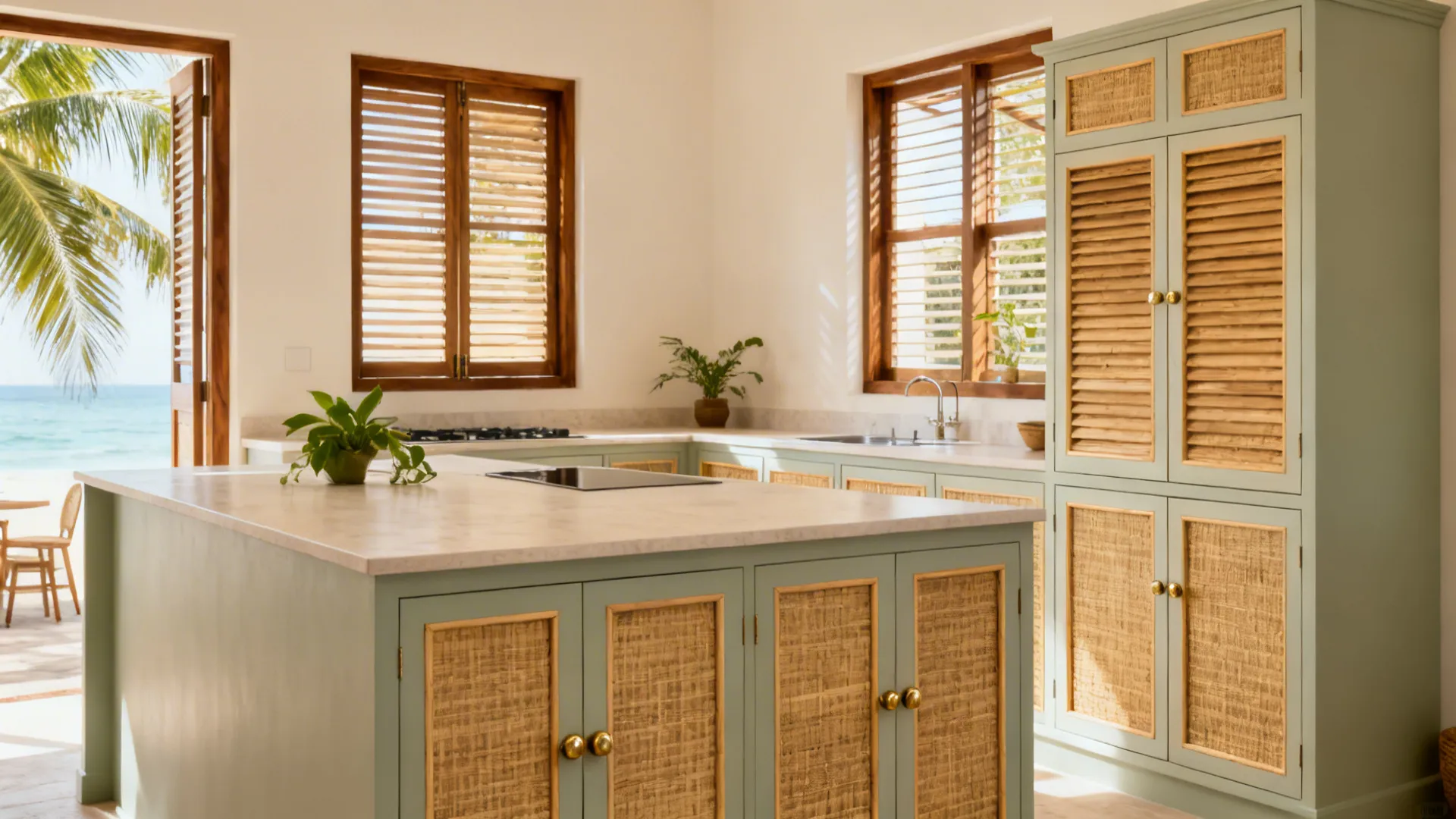Coastal-minimal Kerala kitchen with cane-inset shutters and brass knobs in a compact layout.