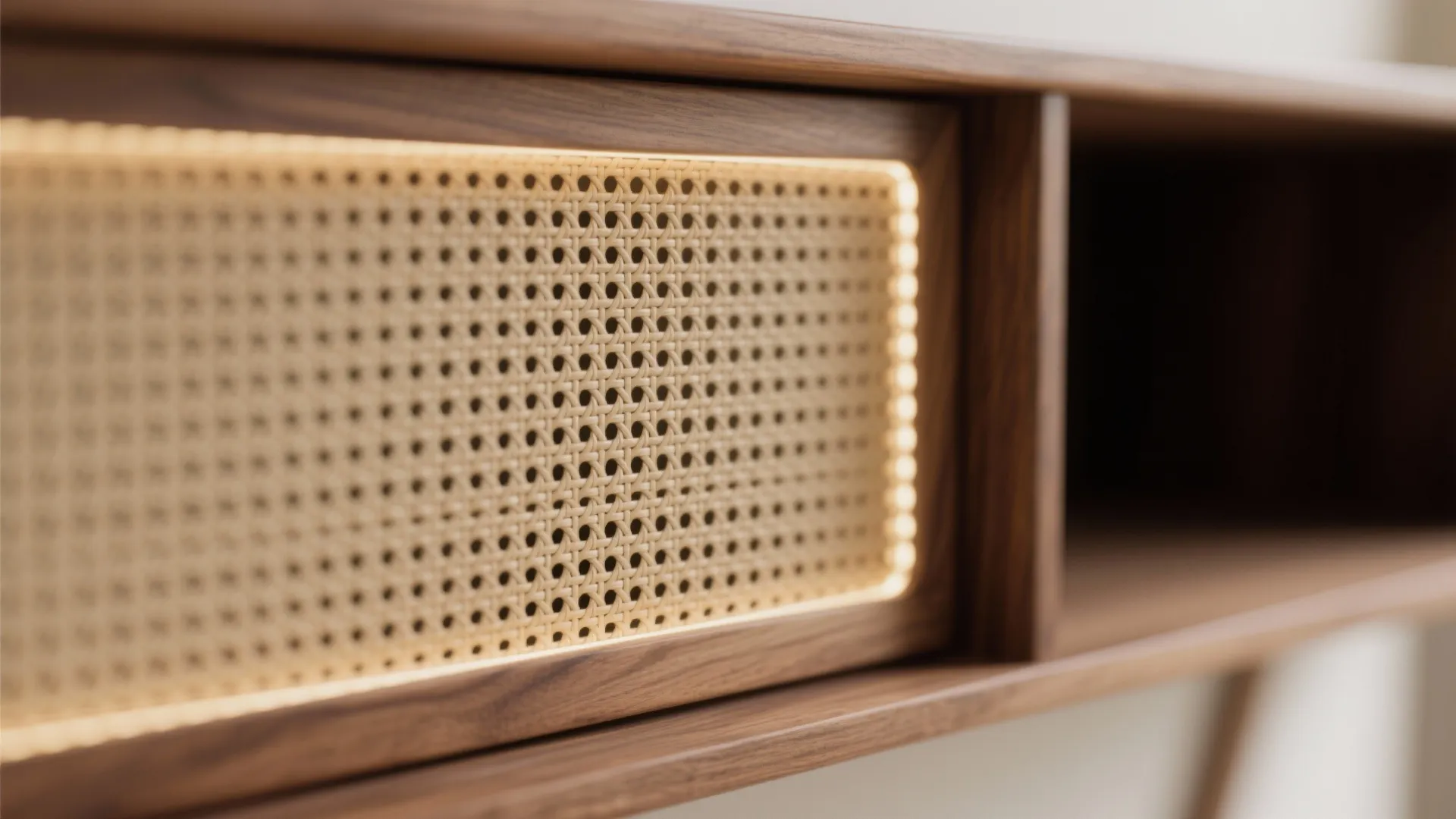 Close-up of cane rattan cabinet panel with teak edging and soft LED niche lighting.