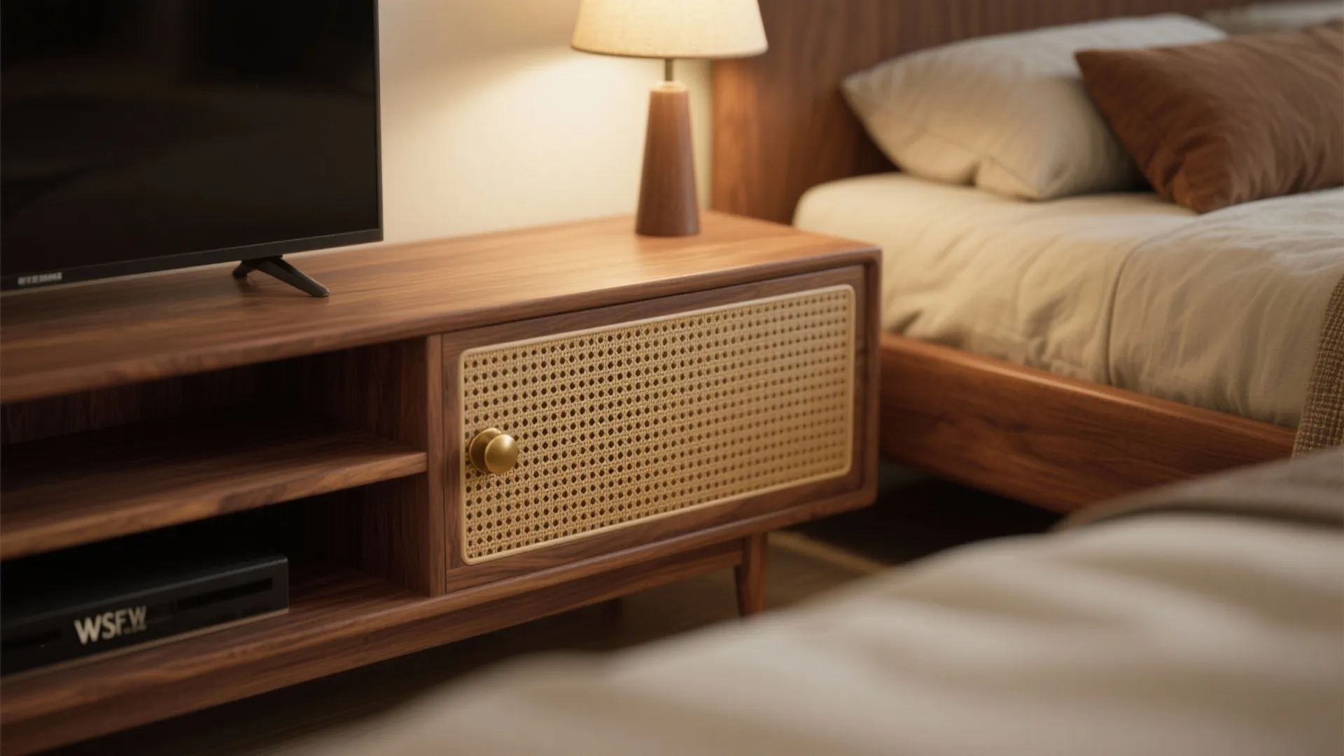 Warm wood accents and multi-functional pieces