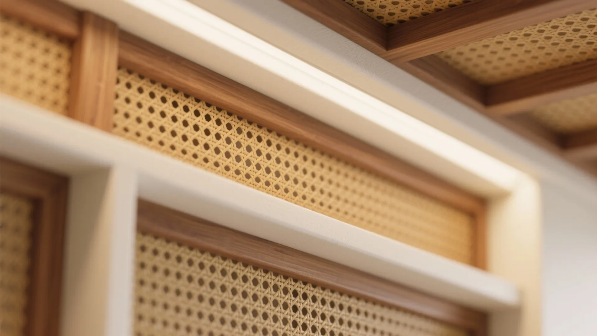 Minimal Natural Ceiling: Cane Weave + Soft Paint