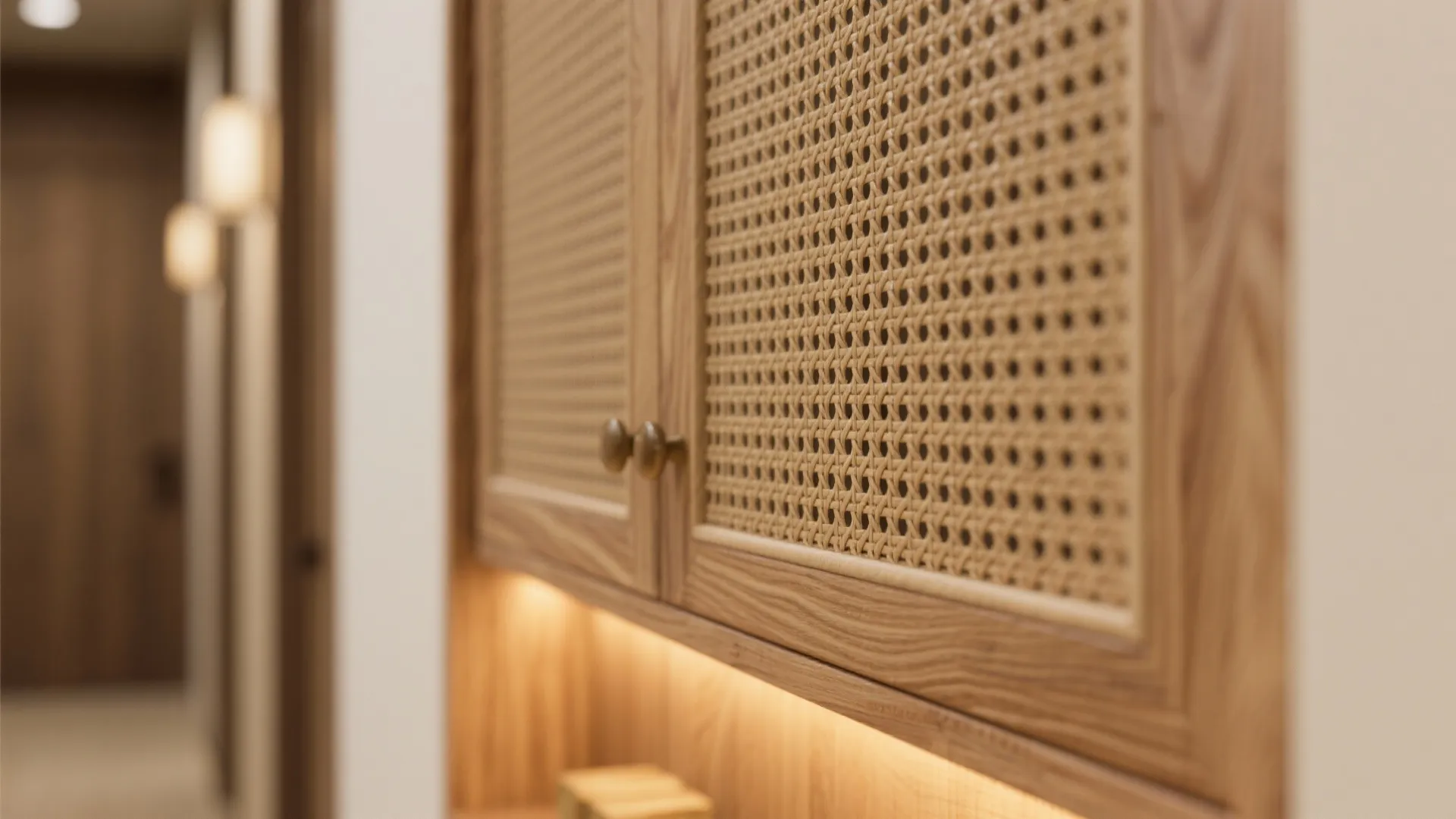 Textured Wood and Cane Hall Cupboards