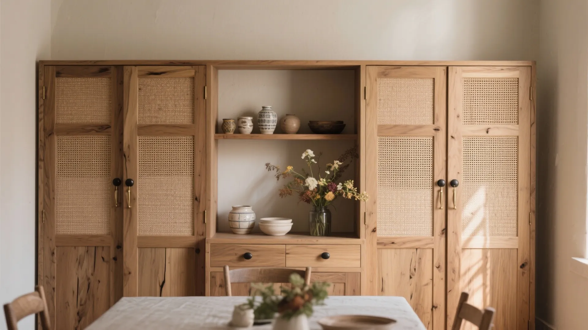 Textured Wood and Cane-Front Cupboards