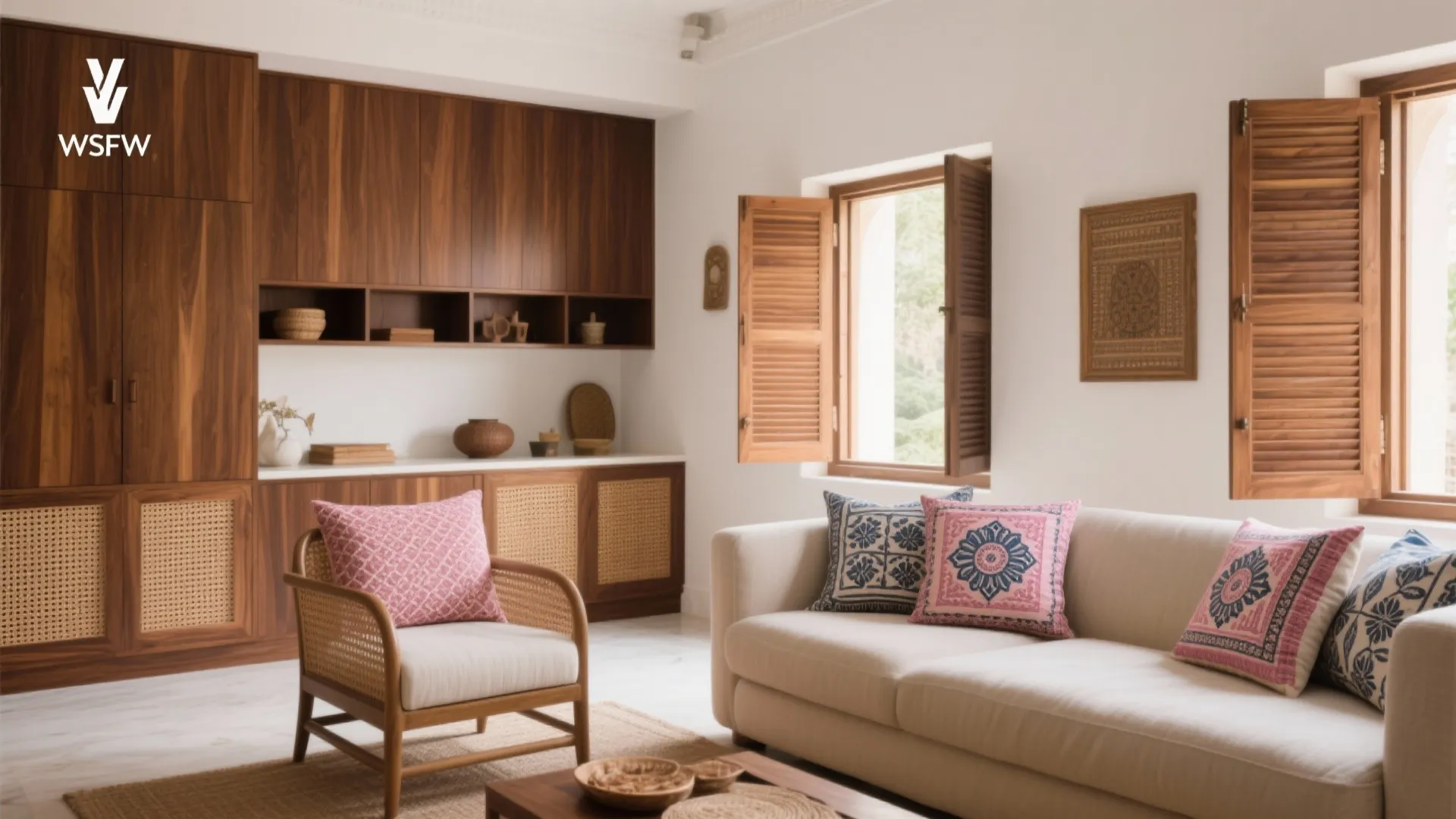 4) Warm wood, cane, and Jaipur textiles for soul