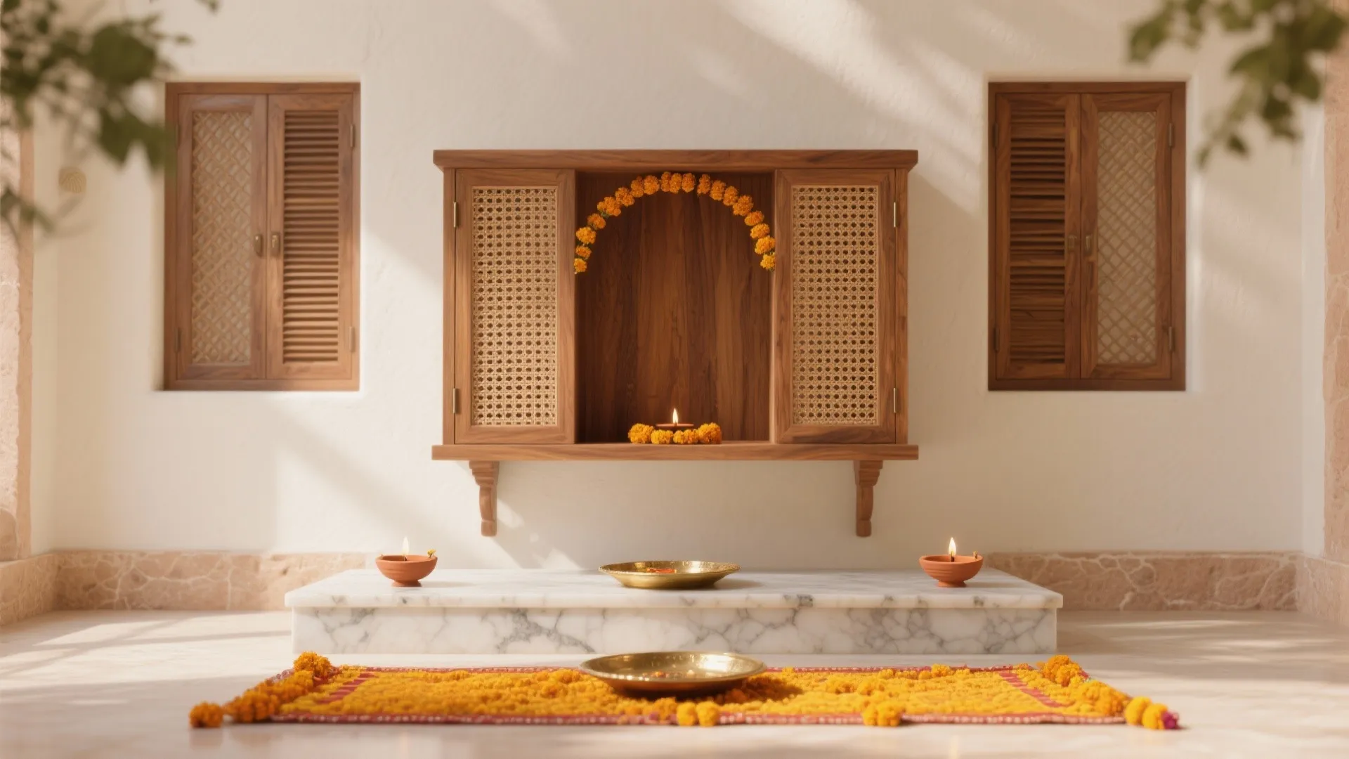 Wooden wall cabinet with orange flowers on marble platform near two small windows with wood shutters