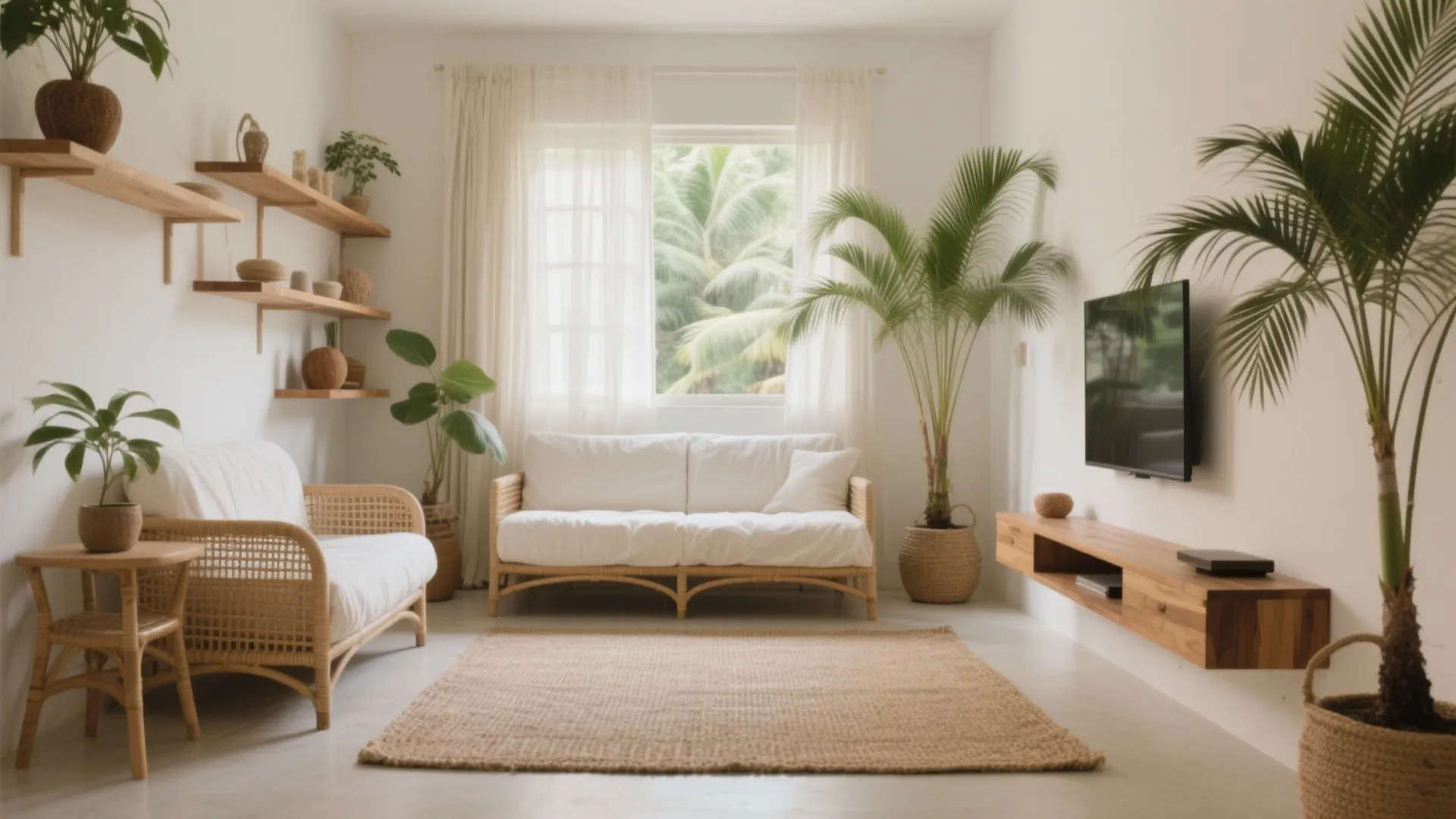 Bright tropical living room with white sofa wooden wall shelves green plants and natural window light