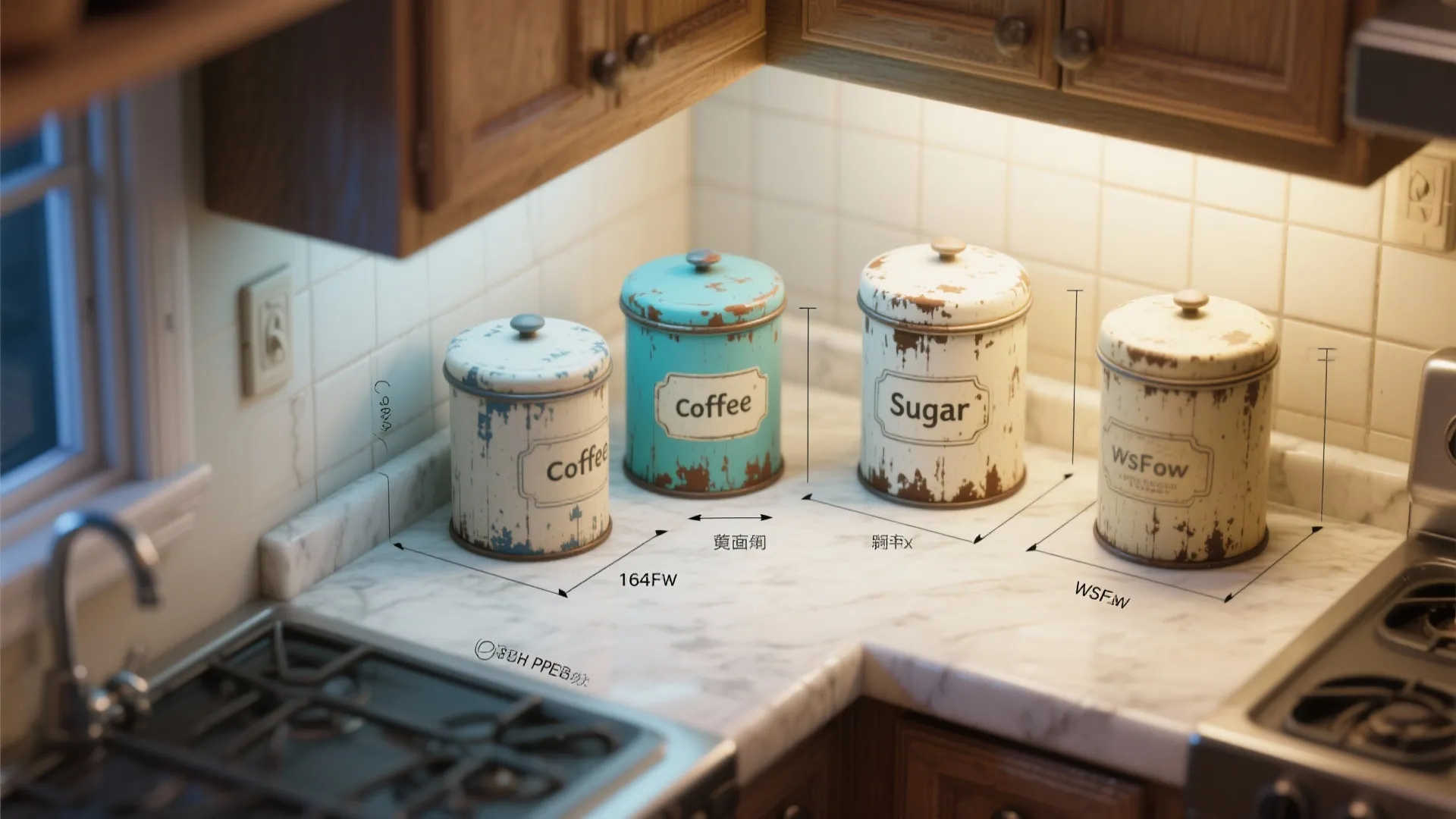 Kitchen counter layout plan showing four vintage containers with size labels on a marble surface