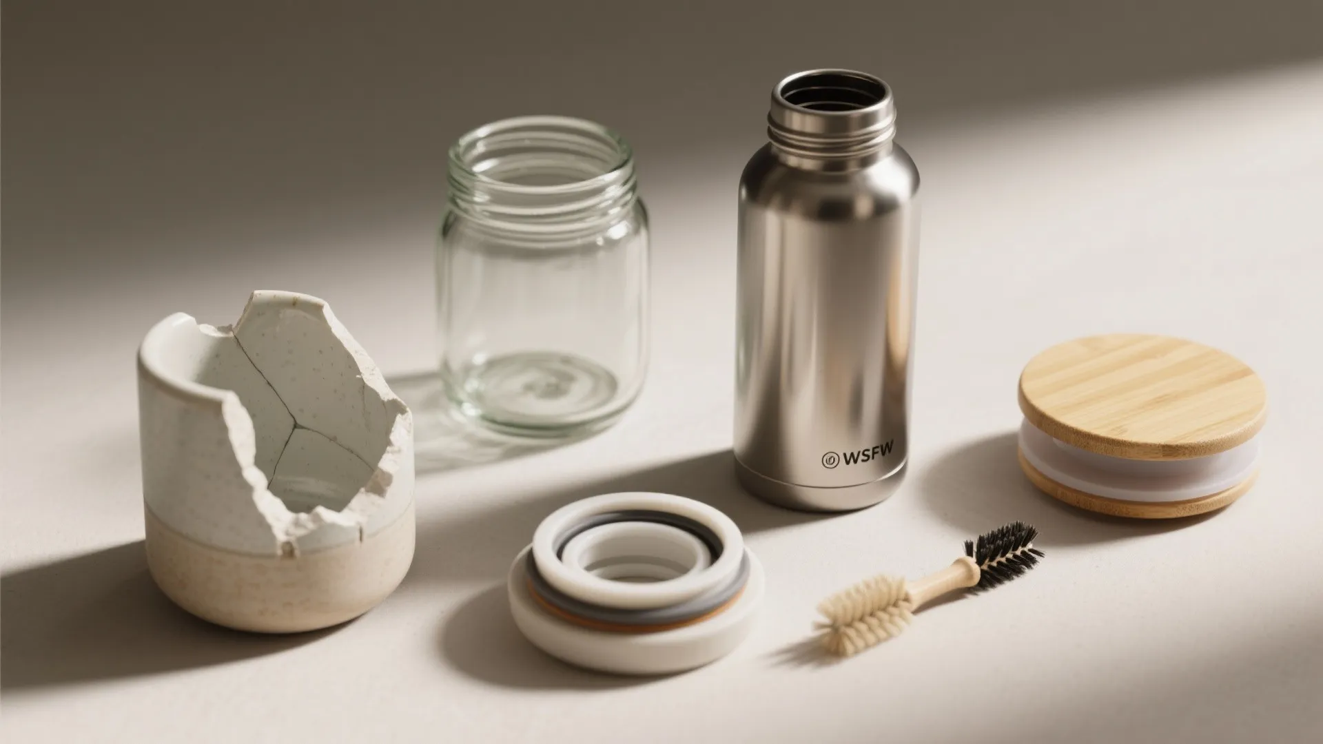 Kitchen storage items including a stainless steel bottle glass jar wooden lid and small brush