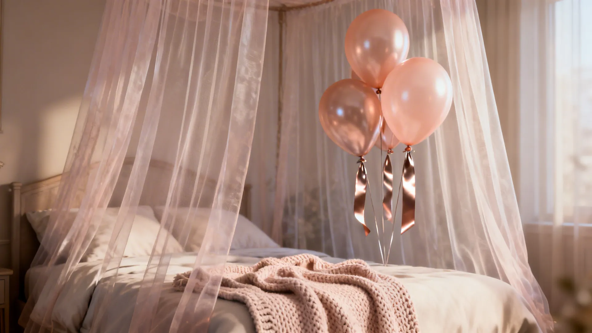 Bedroom with a sheer canopy, a few helium balloons with ribbon tails, and a cozy throw blanket.