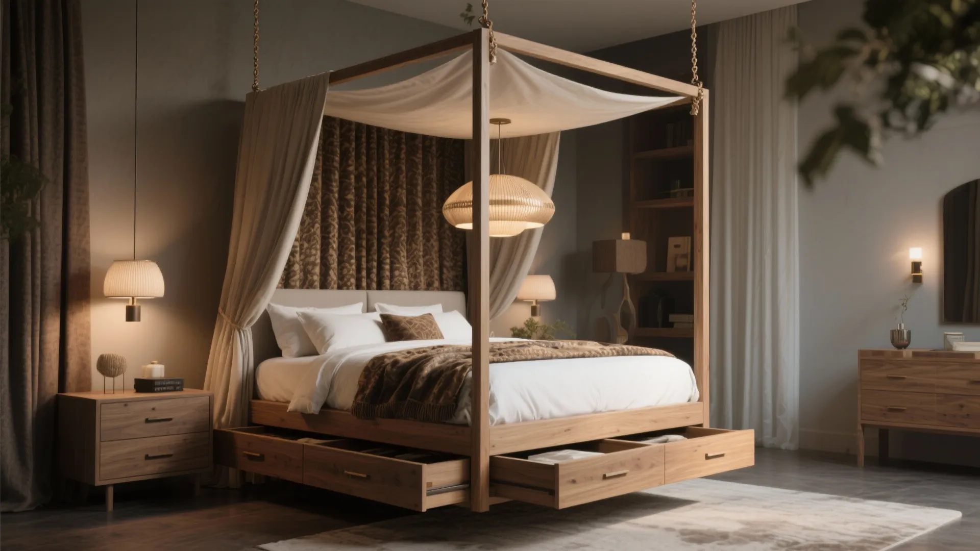 Canopy bed swing with storage drawers beneath, styled like a boutique hotel room