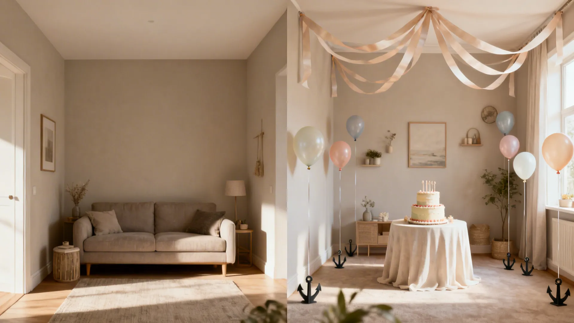 Before-and-after of a small living room transformed by a ribbon canopy with balloon anchors.