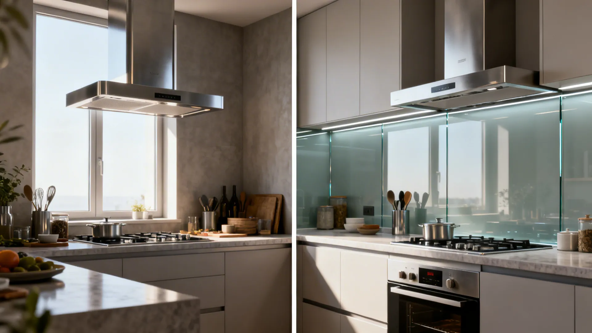 Before-and-after showing a bulky hood replaced by a slim canopy and glass backsplash for more light.