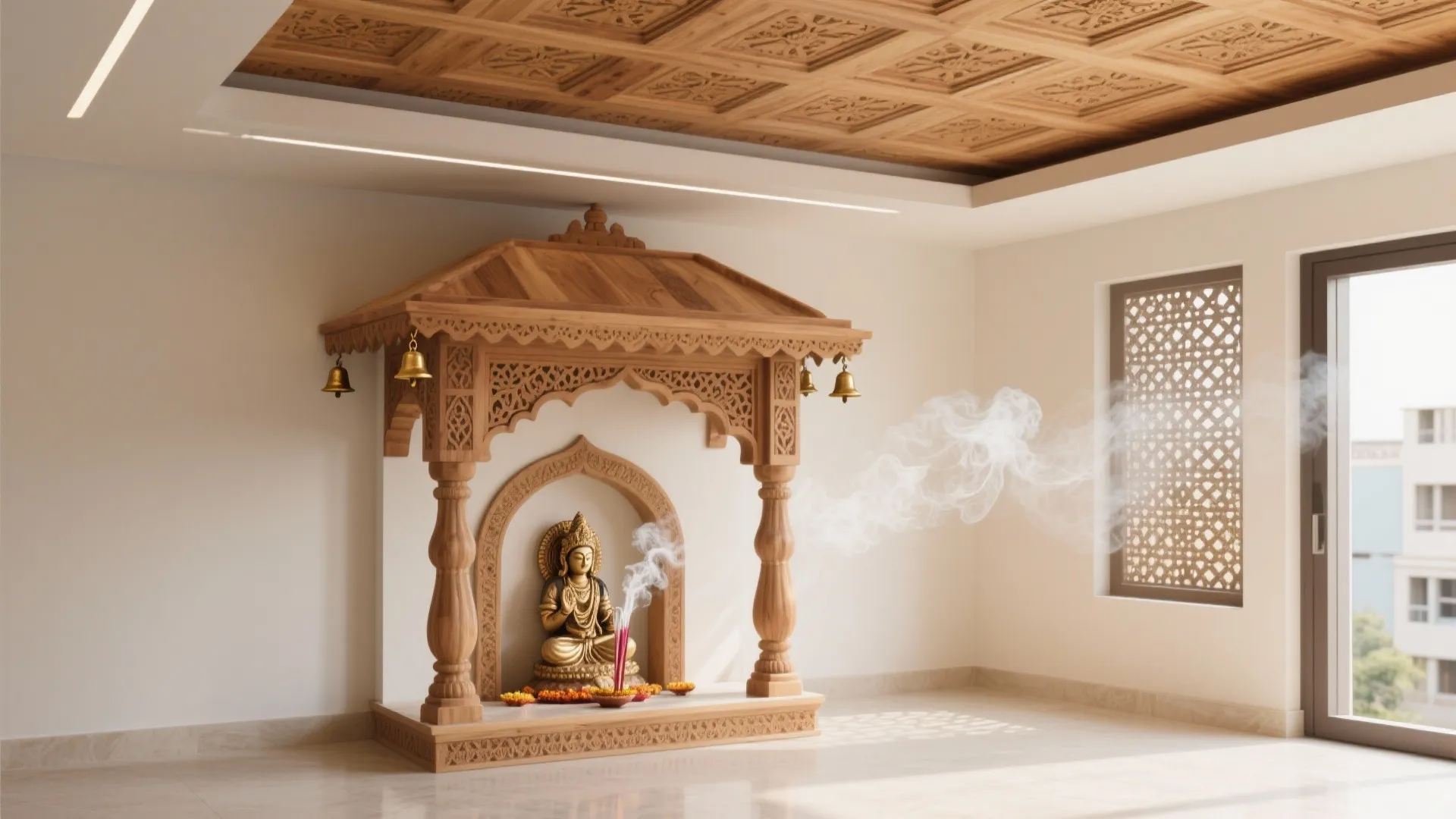 Traditional wooden prayer shrine with golden bells and statue inside a bright modern living room