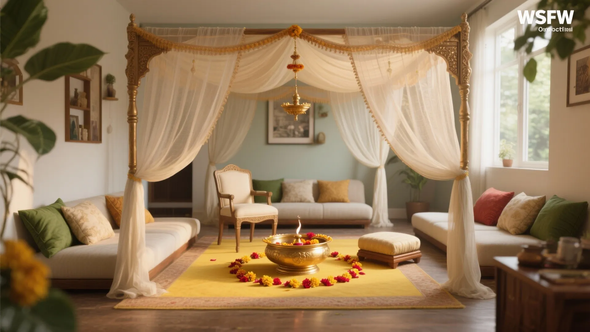 Low Seating, Drape Canopy, and Brass Details