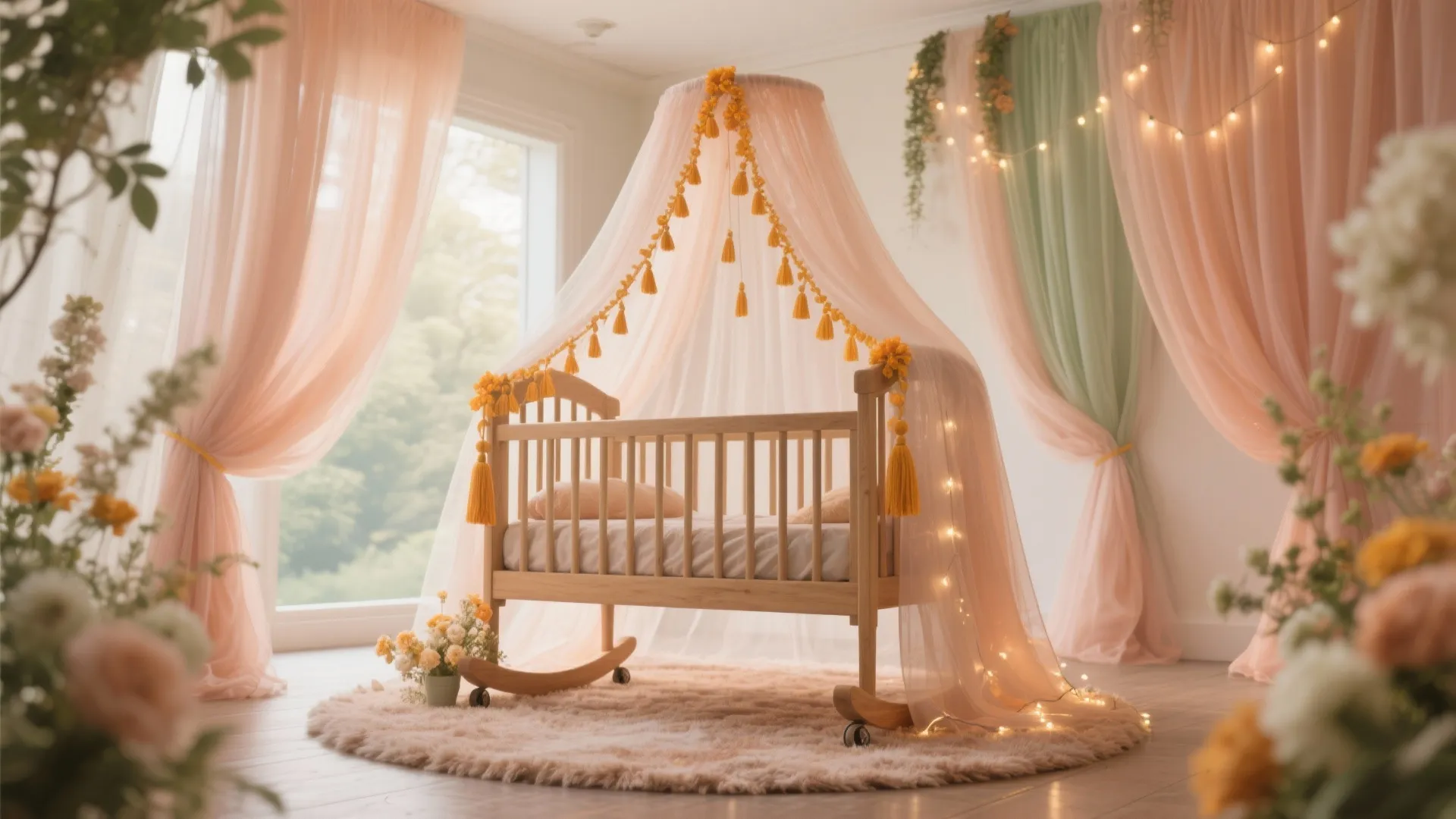 Wooden baby bed with pink curtain net on fuzzy rug in a cozy bright room