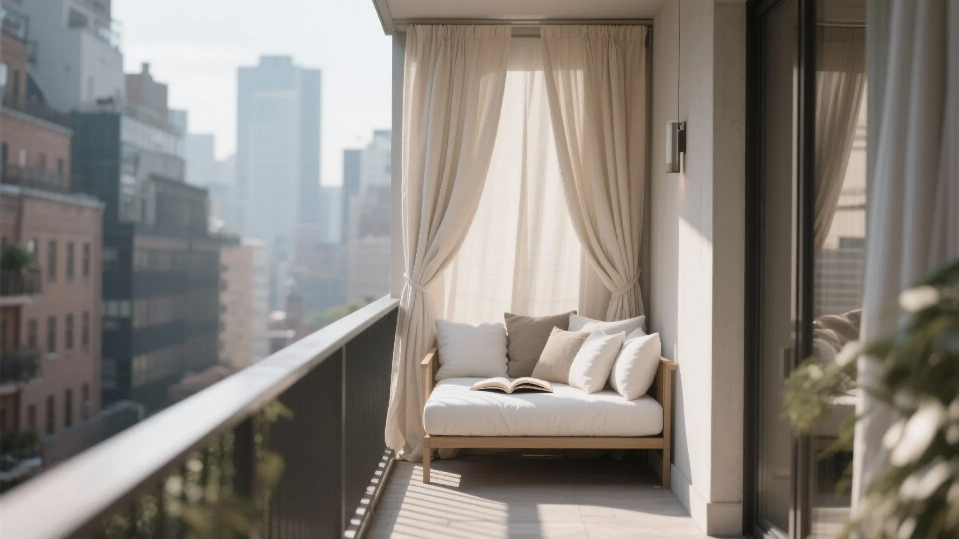 Small balcony featuring white sofa with pillows cream curtains open book and city skyline view