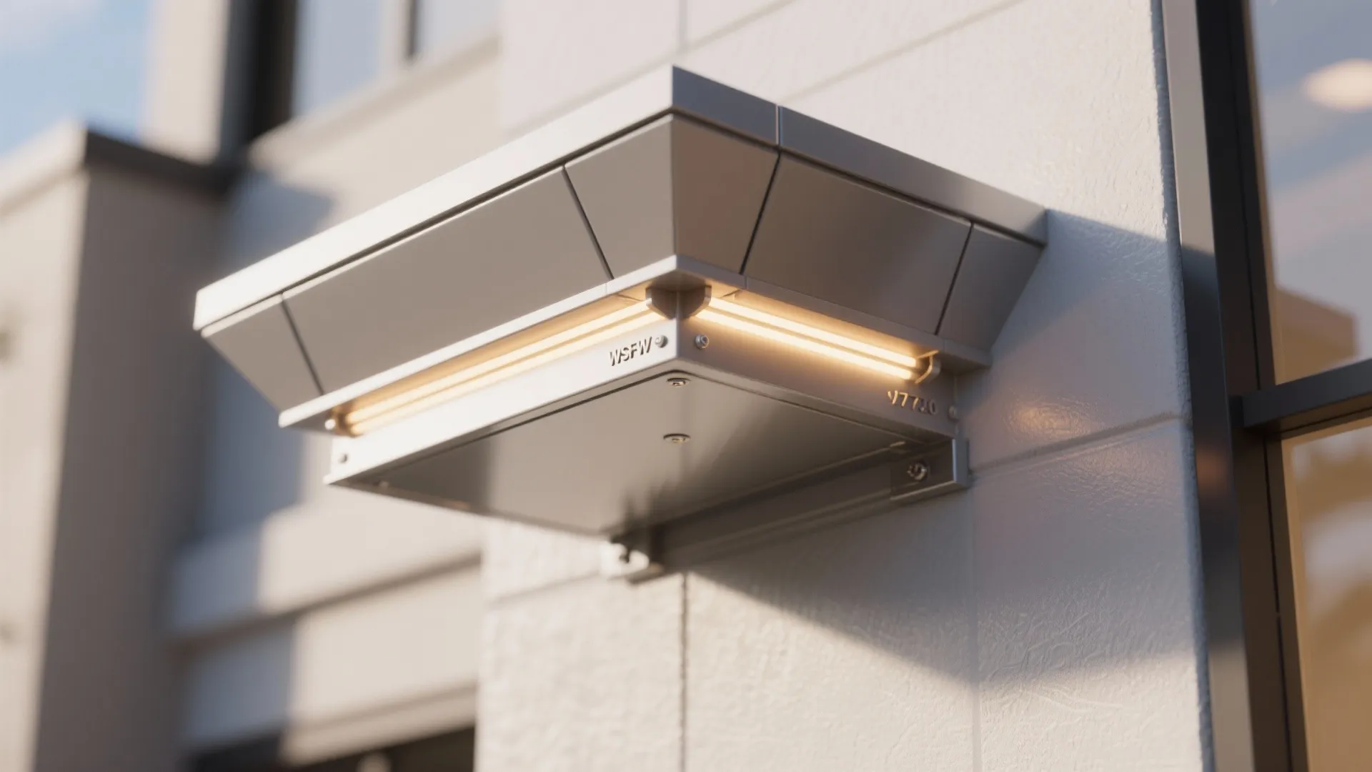 Close up of a modern grey metal wall light fixture with warm yellow glow outside