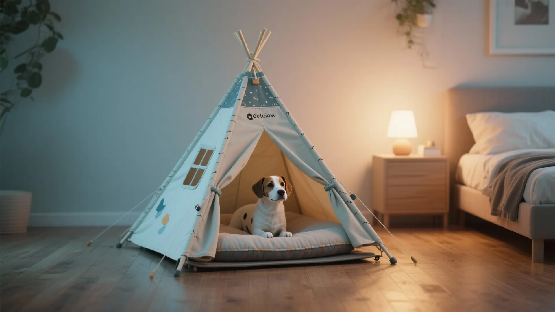 Small dog sitting inside a white tent bed on wood floor in a cozy bedroom