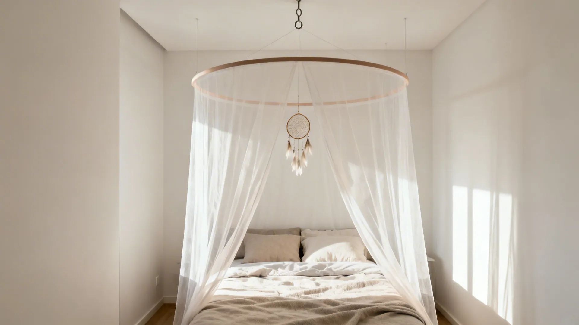Slim canopy ring above a bed with a small dream catcher suspended inside, sheer drape in soft light.