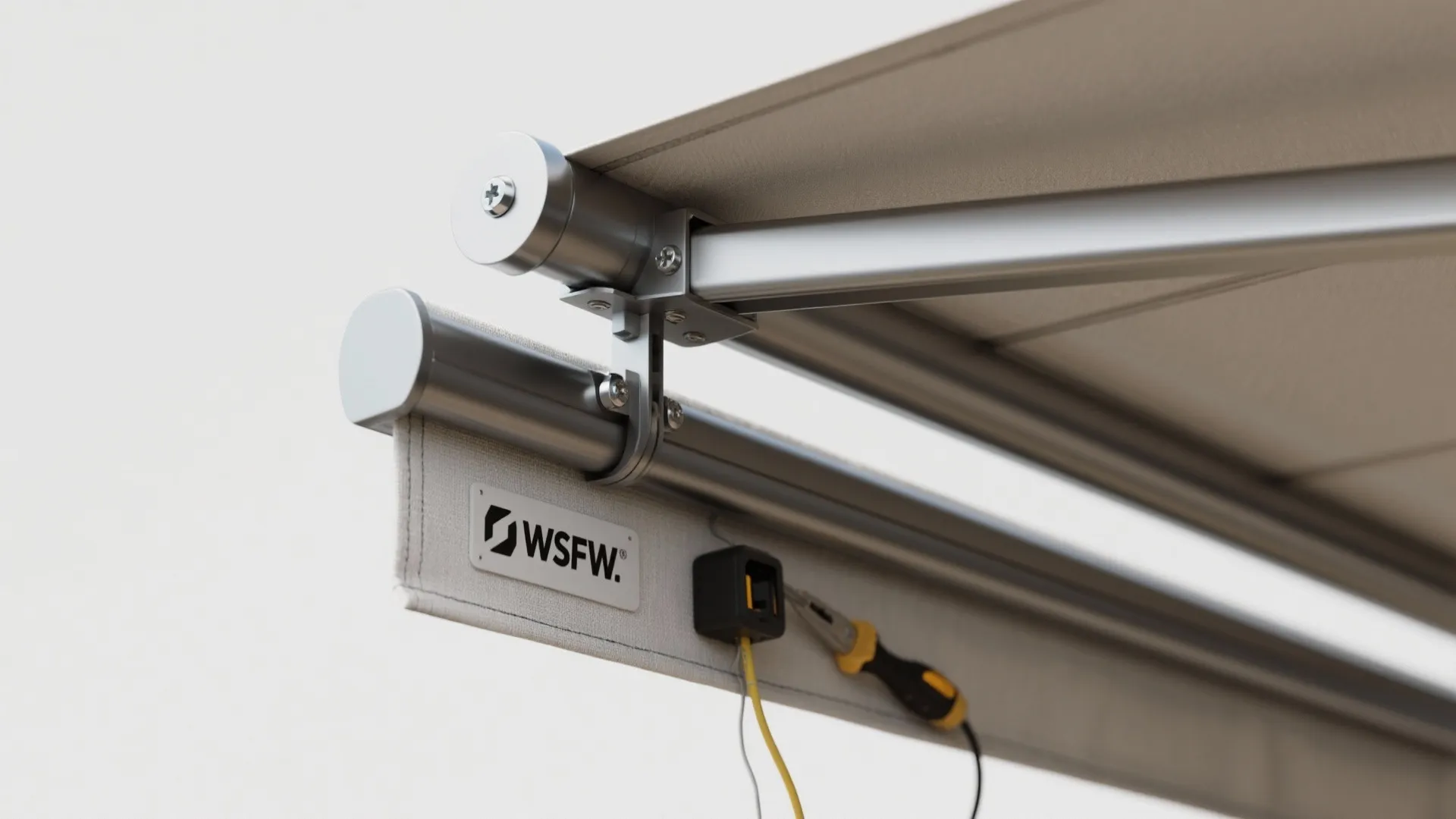 Macro details of canopy anchors, aluminum rail cross-section and washable fabric label for safety guidance.