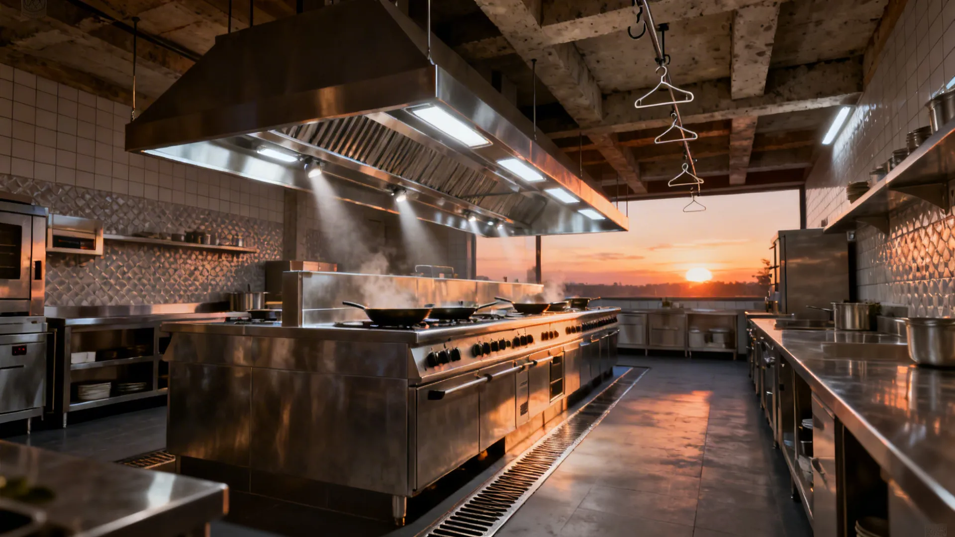 Extended canopy with side skirts and sealed task lighting over a compact cook line.