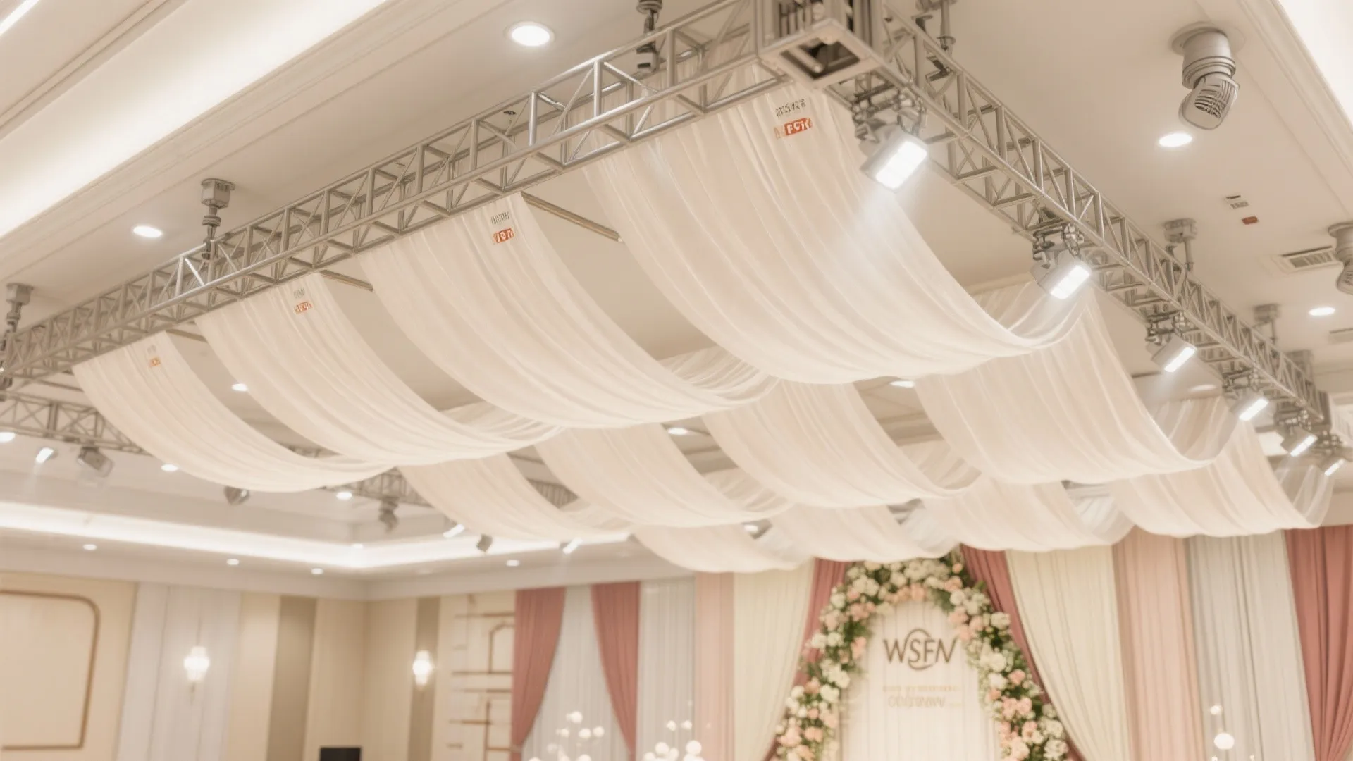 Top-down view of hidden track grid with tensioned fabric canopies, FR-rated textiles, clear around sprinklers.