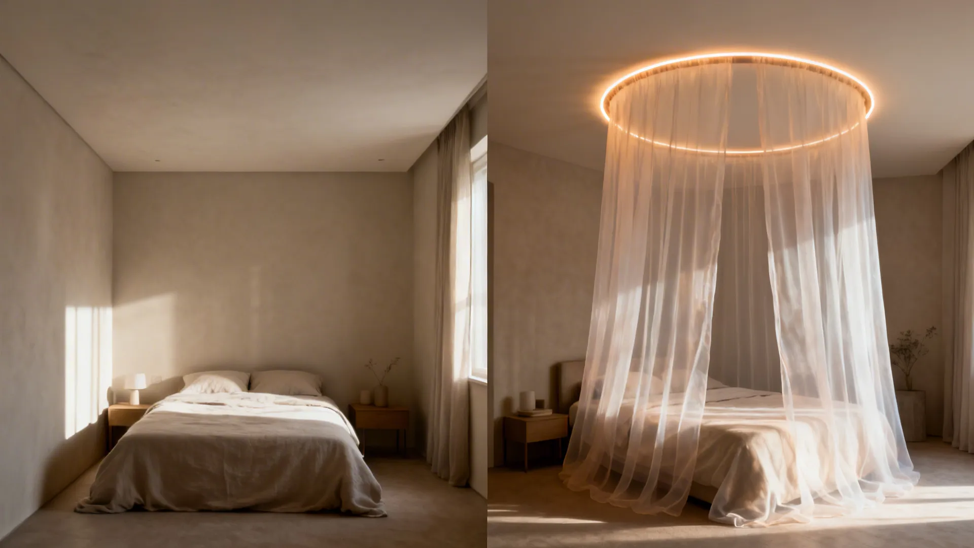 Before and after comparison of a simple bedroom versus one with a circular curtain light