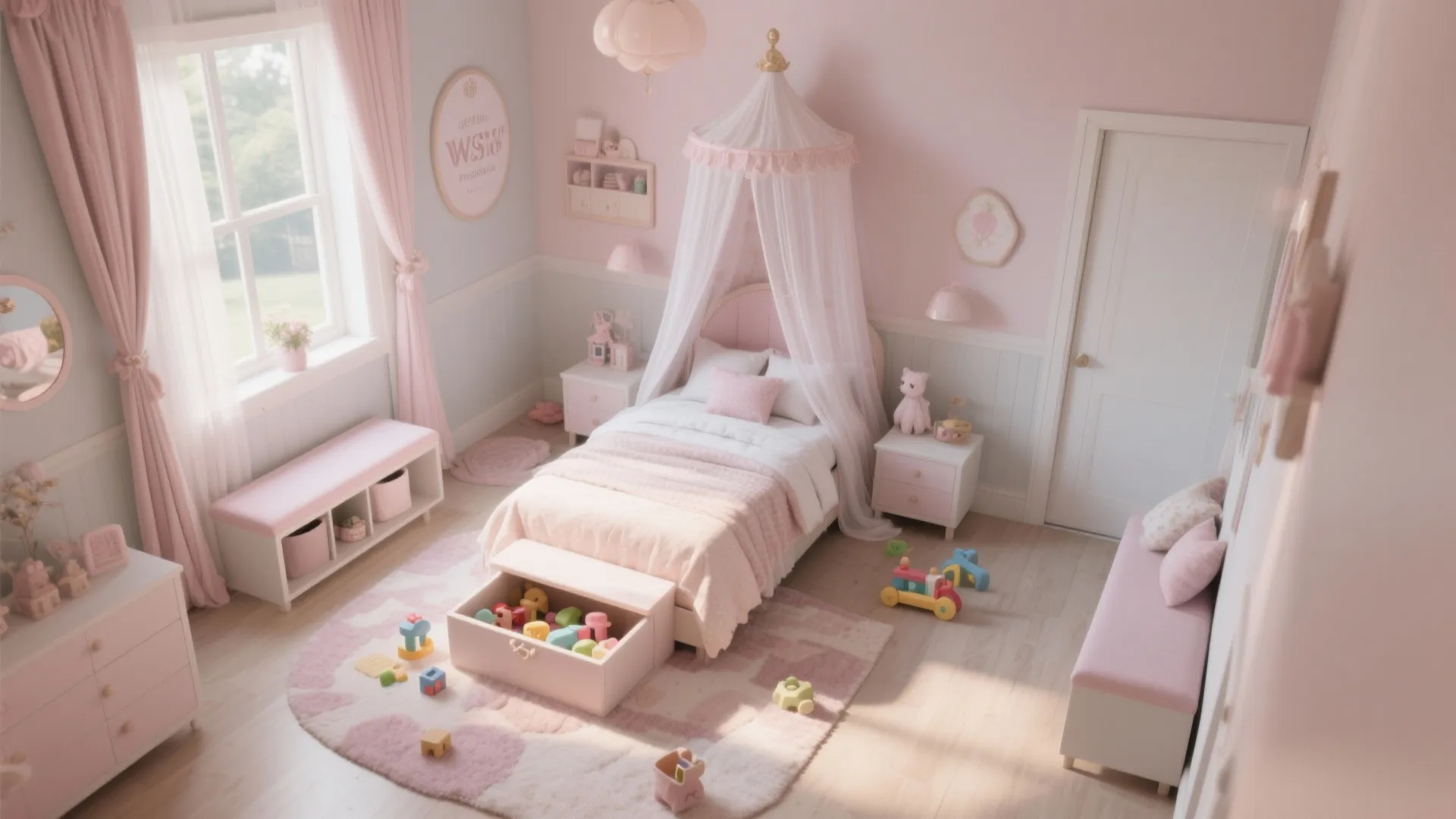 Pink girls bedroom interior design with bed canopy white door wooden floor and colorful toy chest