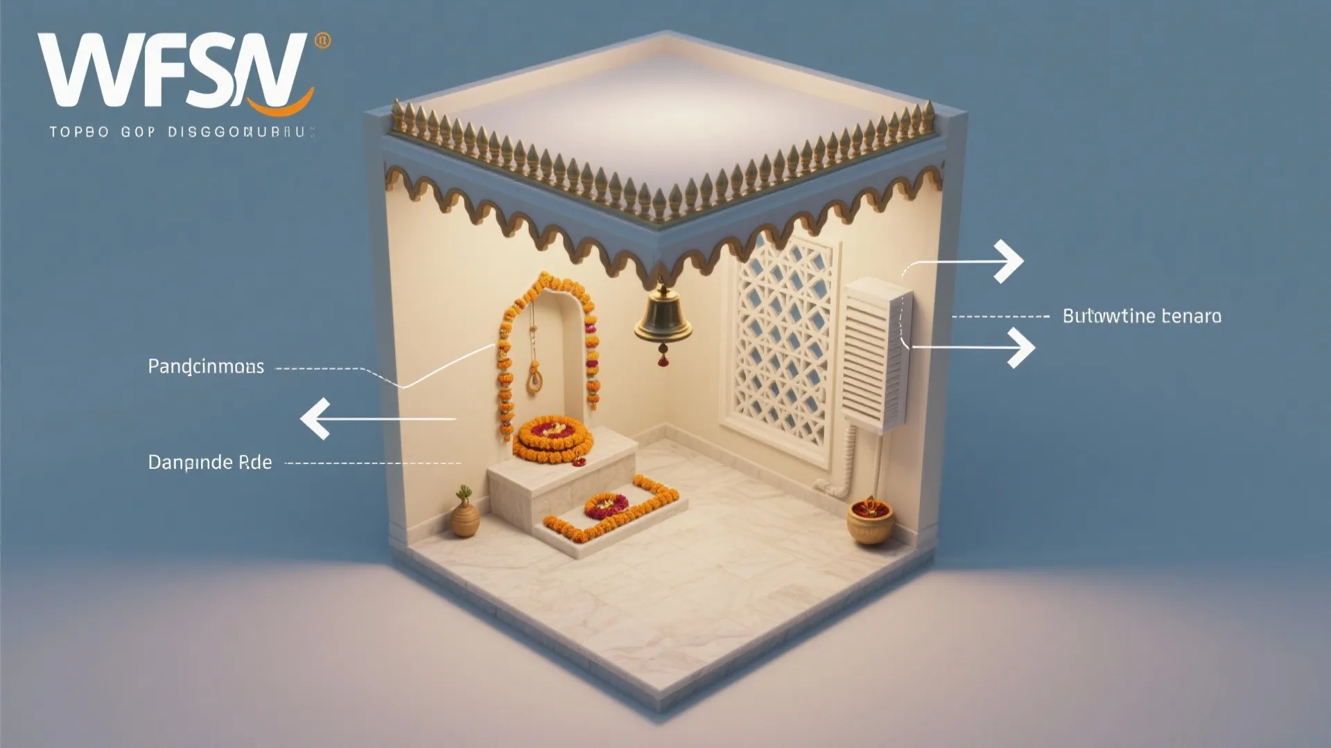 Interior design drawing showing a small room layout with flowers and labeled parts for decoration