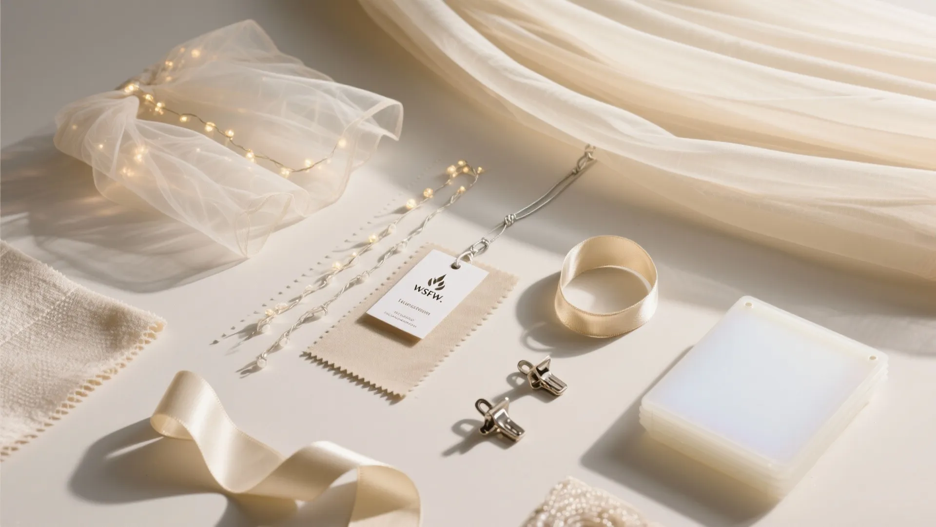 Selection of design materials including sheer white fabric silk ribbon small lights and metal clips