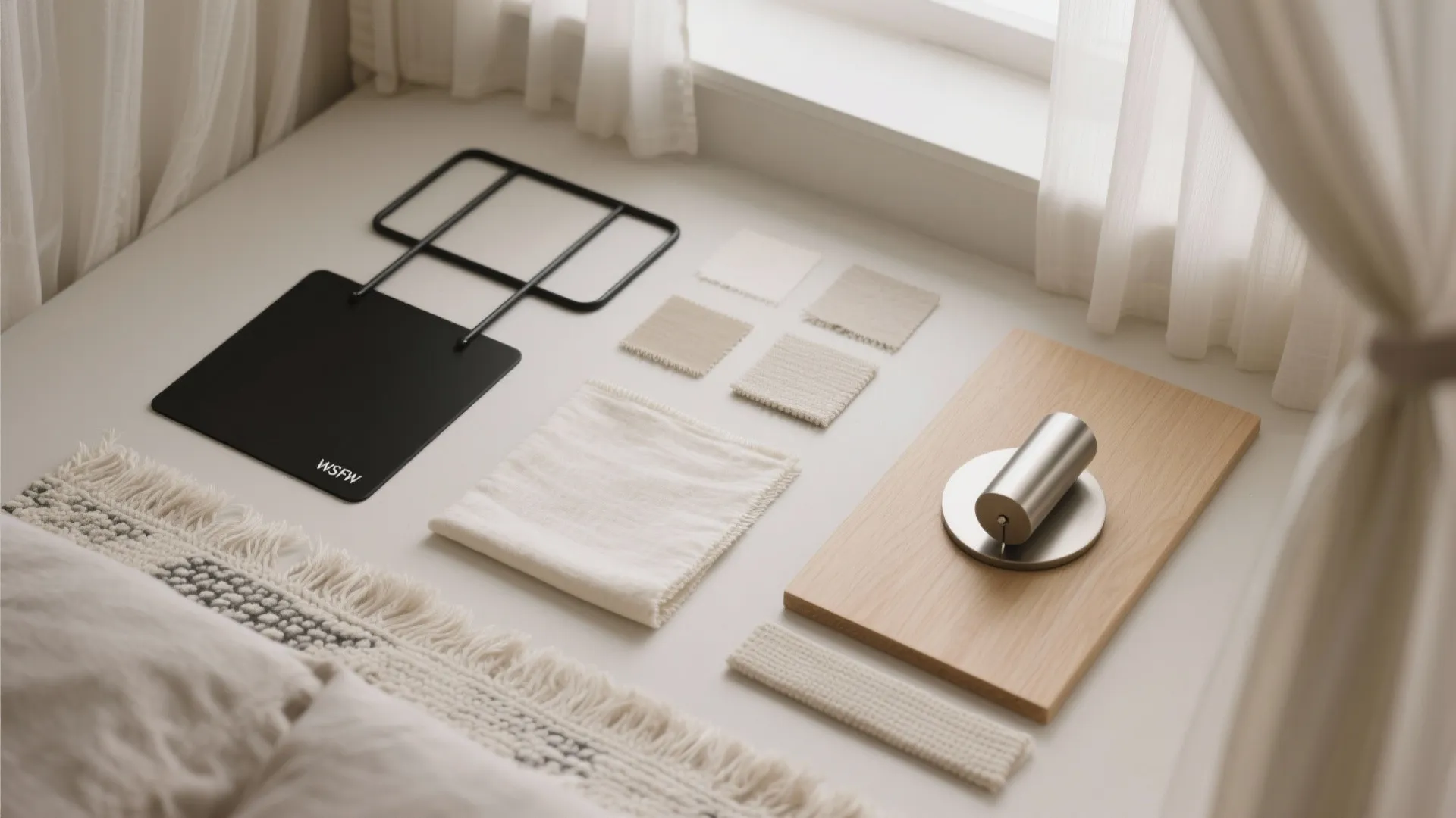 Flatlay of matte black metal, off-white sheer textiles, pale rug fiber, and light oak samples.