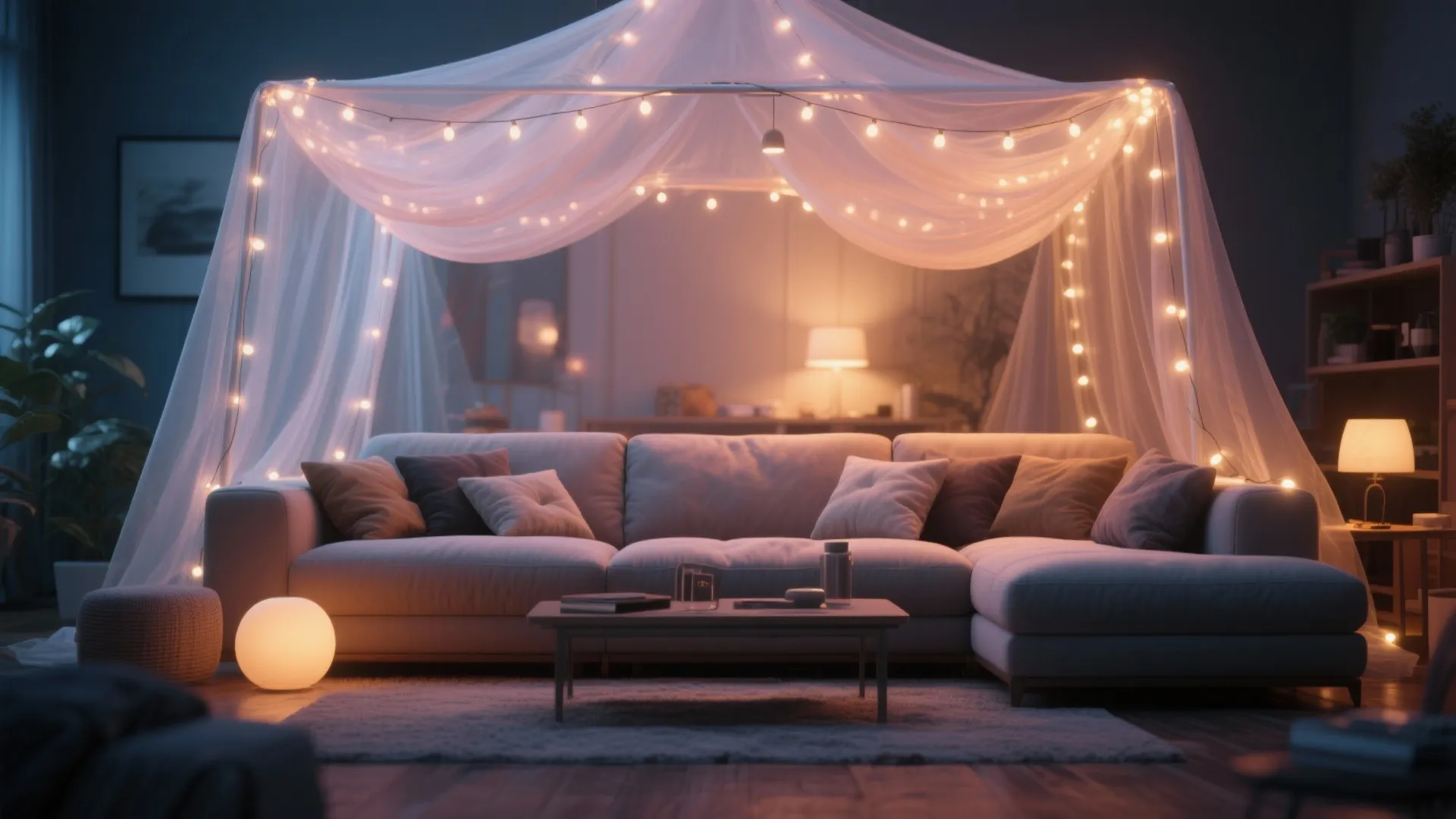 Living room sofa with translucent canopy and fairy lights