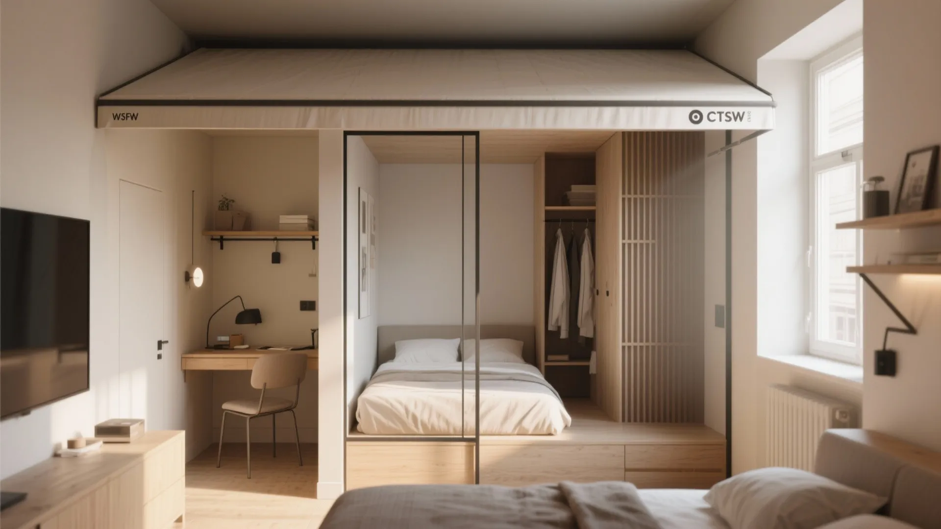 Open-frame canopy used as a room divider to create a multifunctional sleeping and workspace nook in a small apartment.