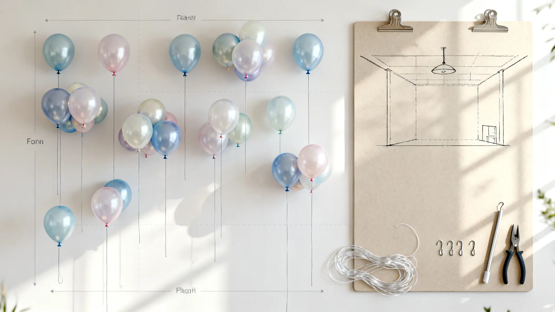 Blue and pink balloons on wall next to clipboard showing interior design drawing with craft tools