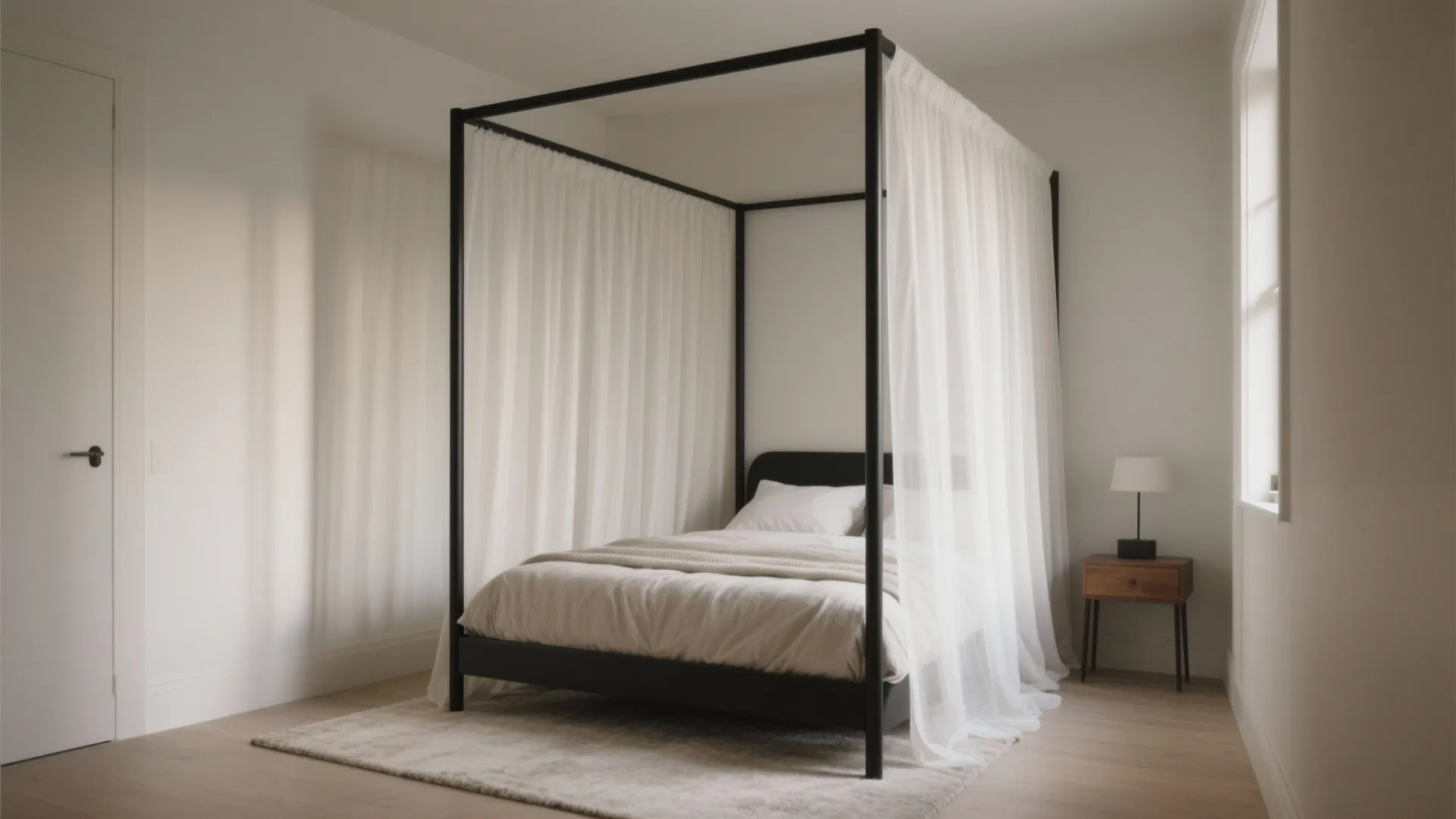 Thin canopy queen bed with off-white sheers creating a cozy zone in a small bedroom.