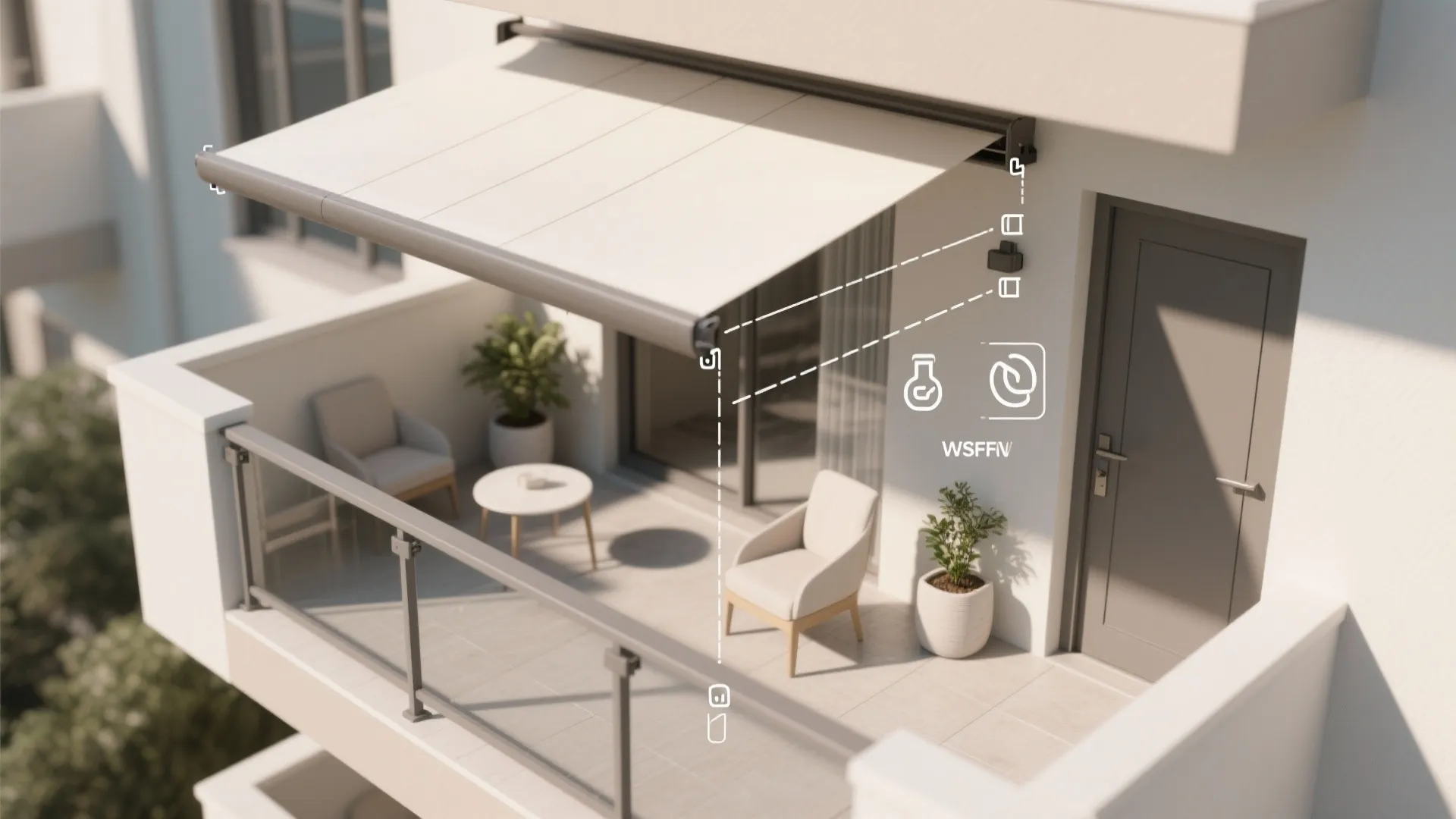 Interior design drawing showing white balcony awning with two chairs a small table and green plants