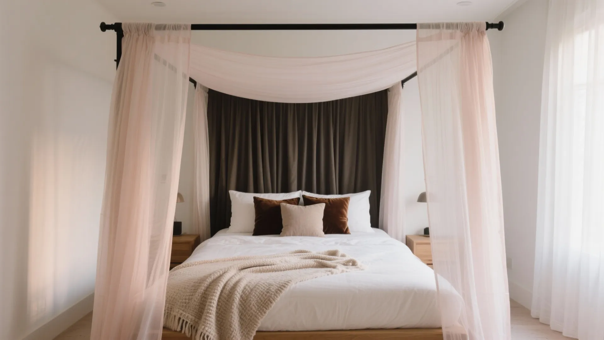Minimalist bed with pink sheer curtains and dark wall panels in a bright white room