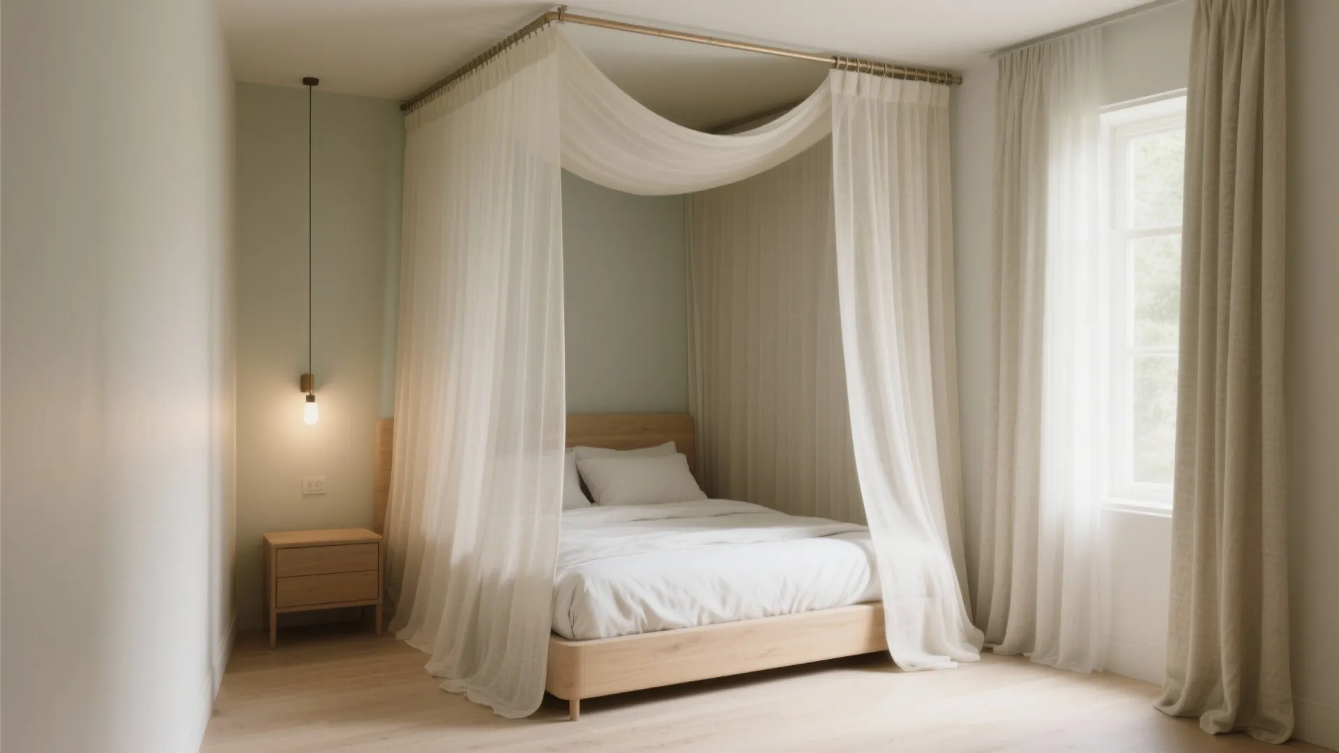 Semi-sheer ceiling-track curtains softly zone a corner bed without blocking daylight.