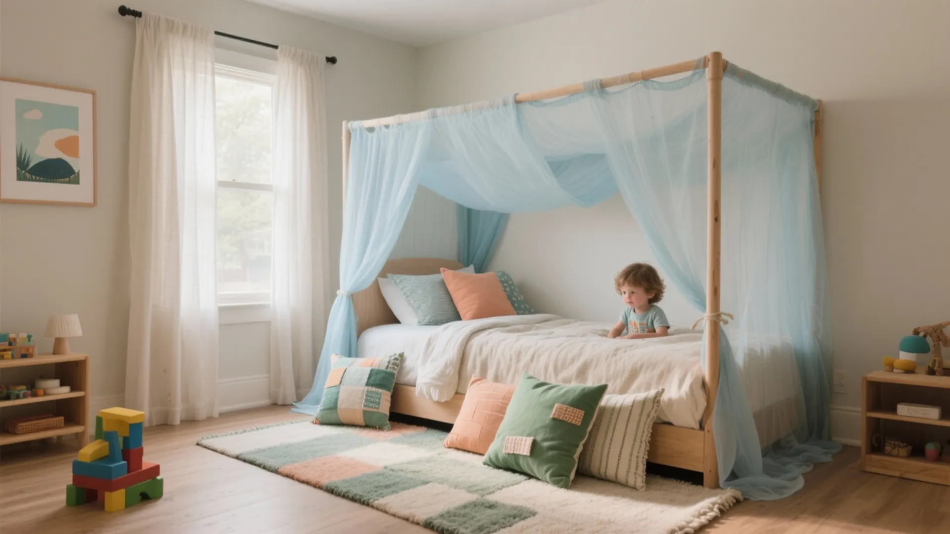 Textile canopy magic: rugs, curtains, and soft layers