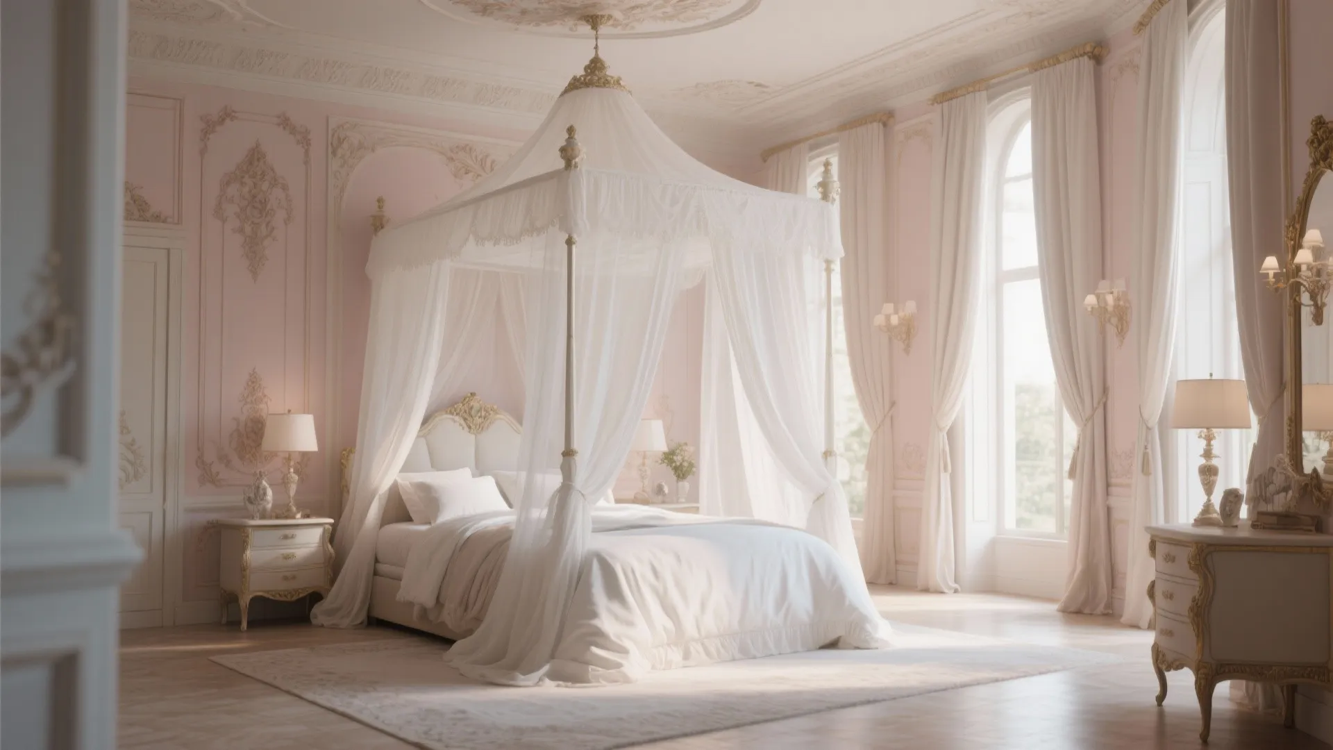 Canopy-style white mosquito net in a luxurious bedroom