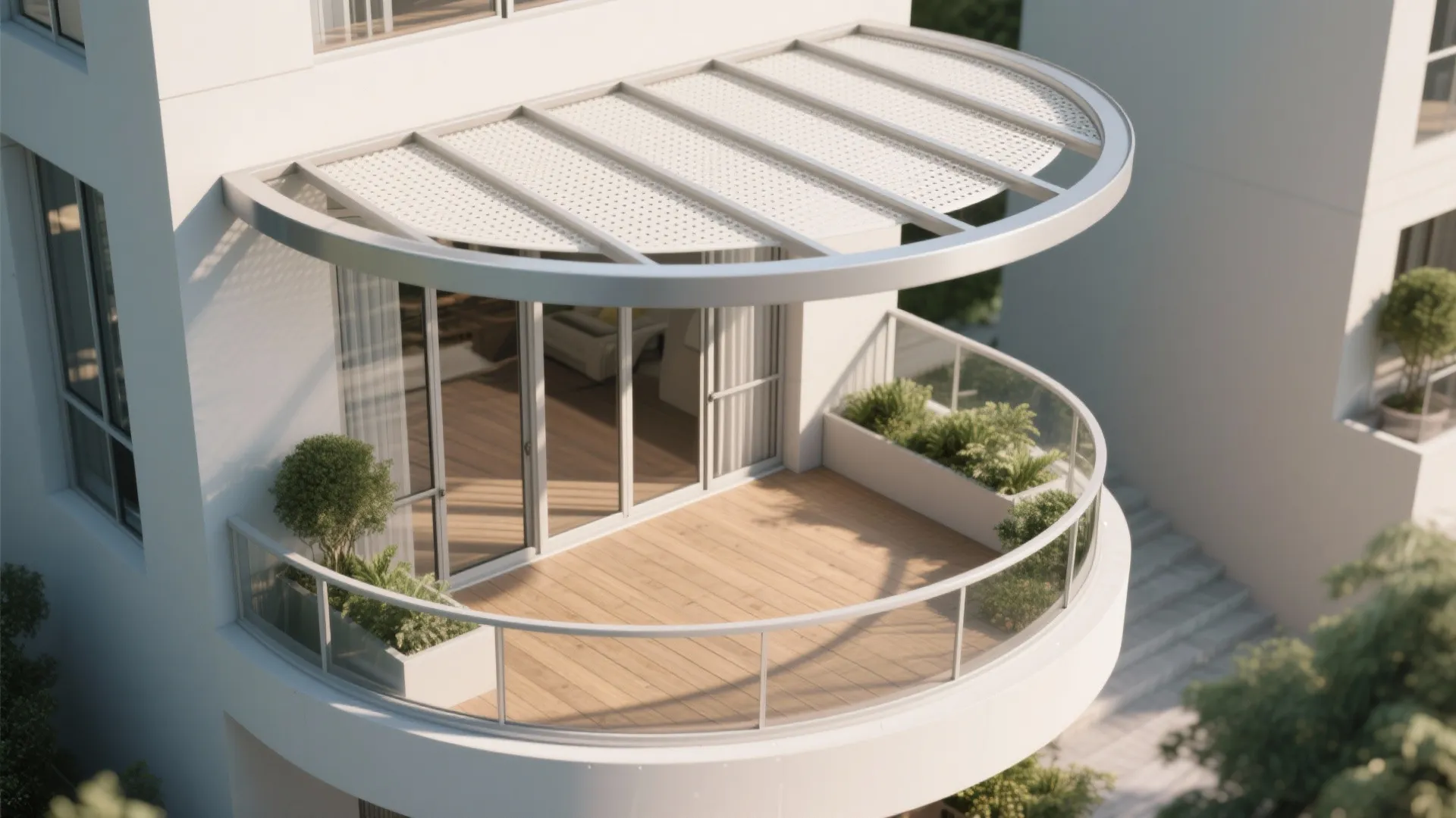 Modern white curved balcony with wooden floor plants and a stylish white sun shade roof cover