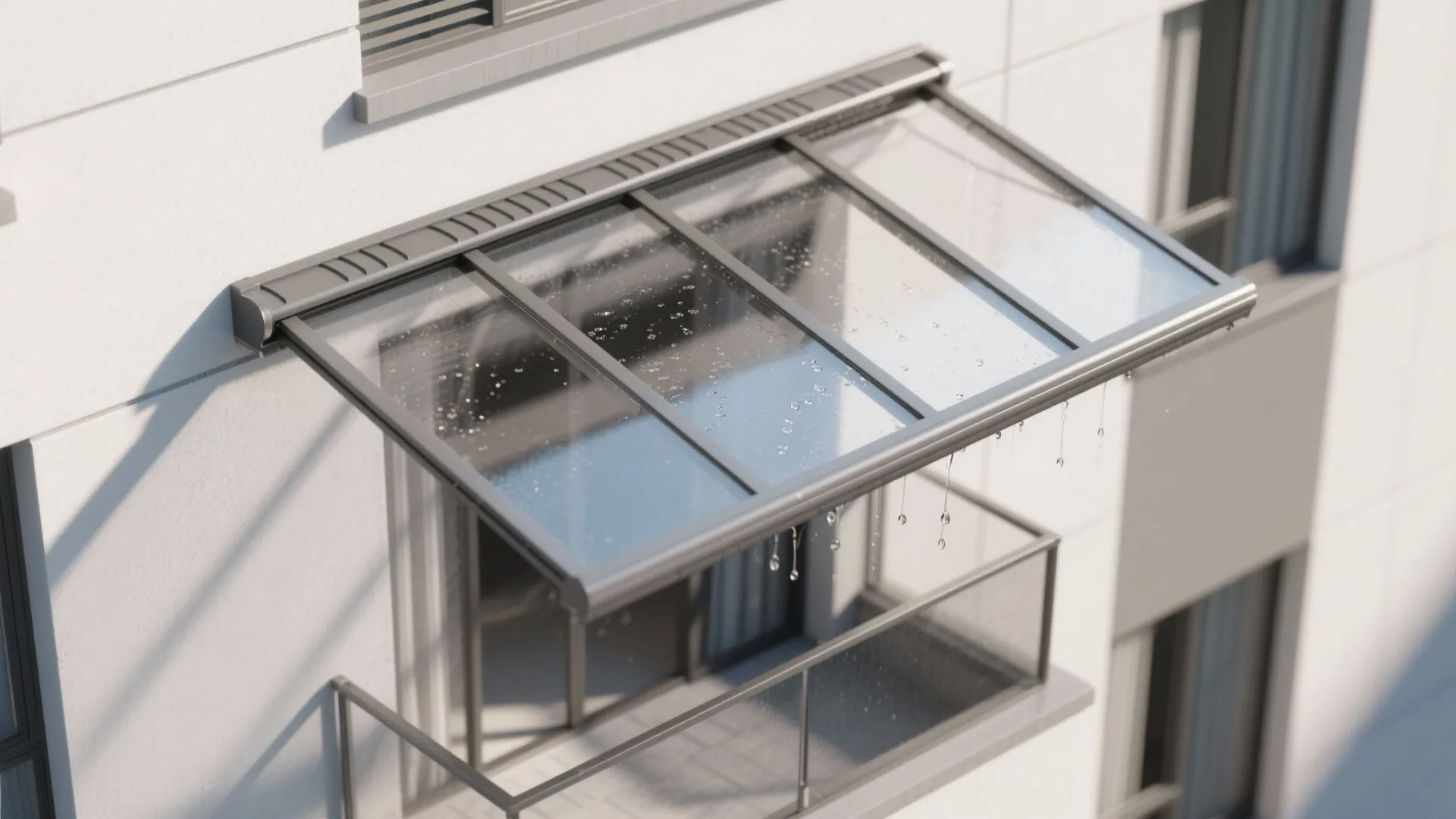 Top-down view shows canopy pitch and drip edge for balcony rain control and drainage.