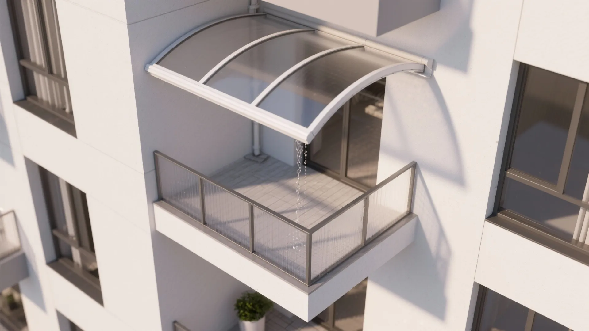 Modern white apartment building balcony with curved glass roof and rain water dripping from edge