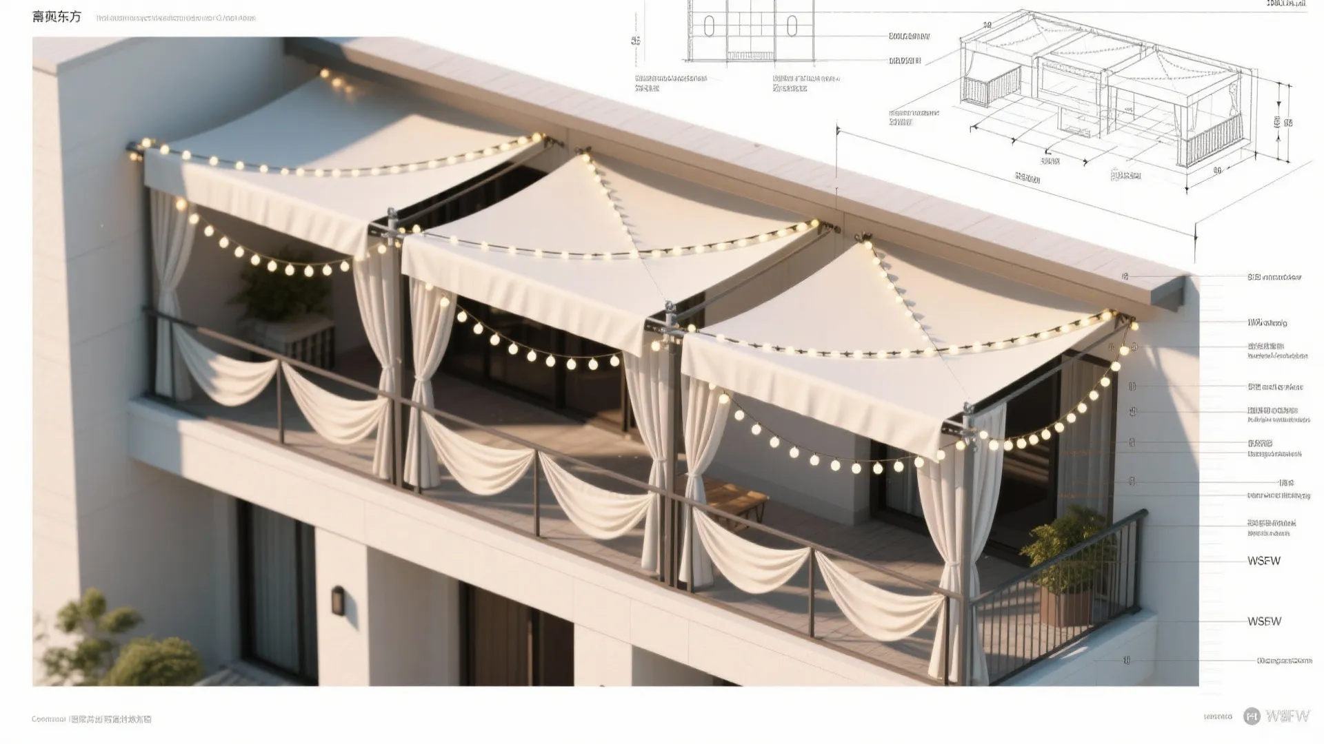 2) Overhead canopy with soft-diffused drape